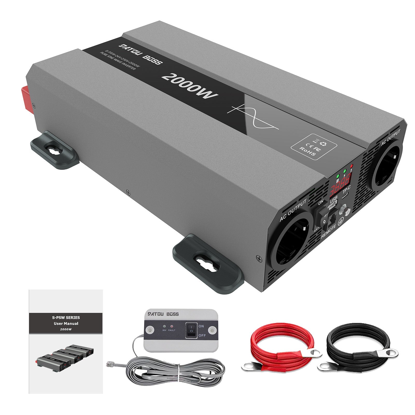 DATOUBOSS 2000W Pure Sine Wave Inverter, 24V to 230V AC Power Converter, Peak Power 4000W with EU Sockets, USB Ports and USB-C Output for Household Appliances, Car, Caravan, Truck Main image