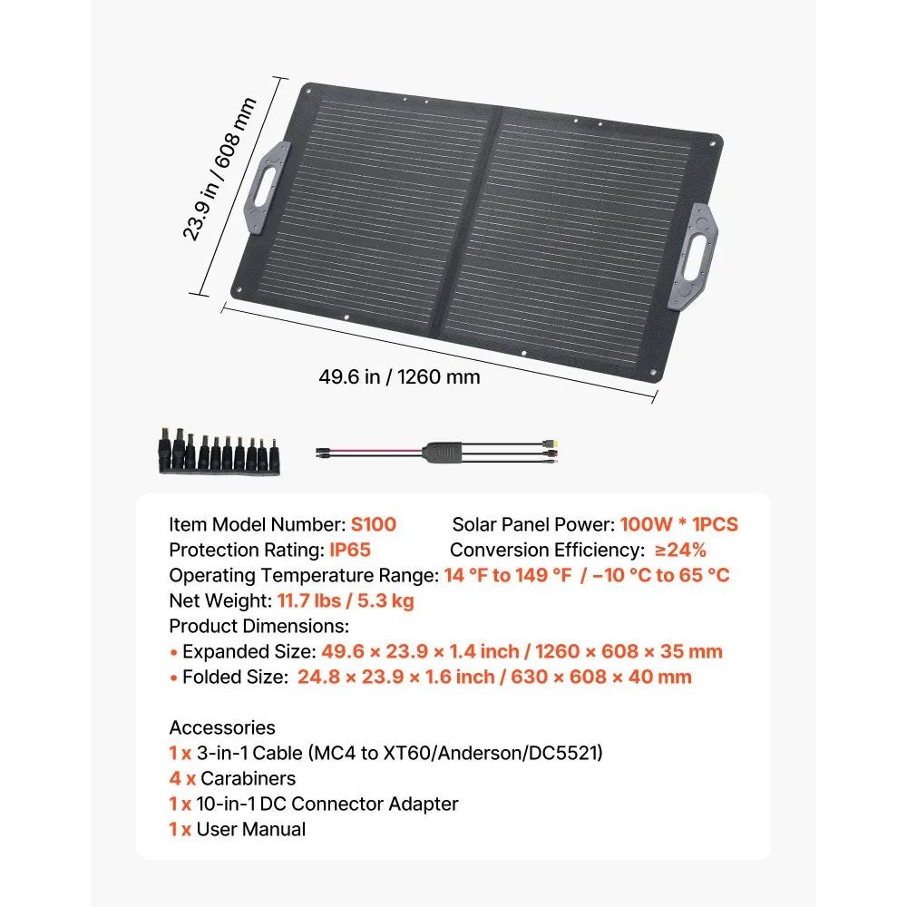 100W Foldable Solar Panel, 24% High - Efficiency Portable Monocrystalline Solar Panel Charger with MC4 Output, USB - A, Type - C & DC Ports, IP65 Waterproof for Power Stations, Camping, Hiking Trips - Xdatou | Rechargeable Lifepo4 Batteries Voltage Converters Inverter