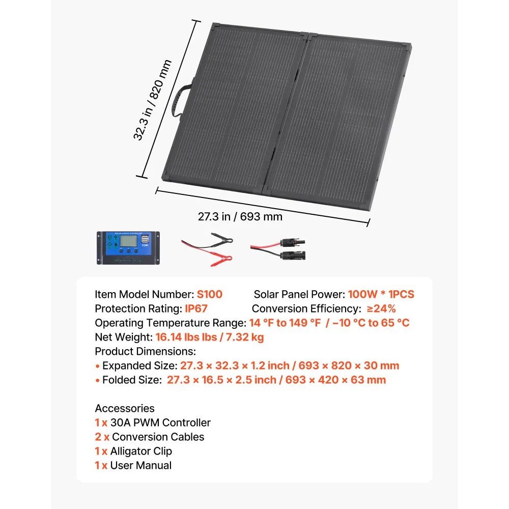 100W Foldable Solar Panel with 30A PWM Controller, 24% Efficiency, IP67 Waterproof with MC4 Output for Camping, Hiking, RV Trips - Xdatou | Rechargeable Lifepo4 Batteries Voltage Converters Inverter