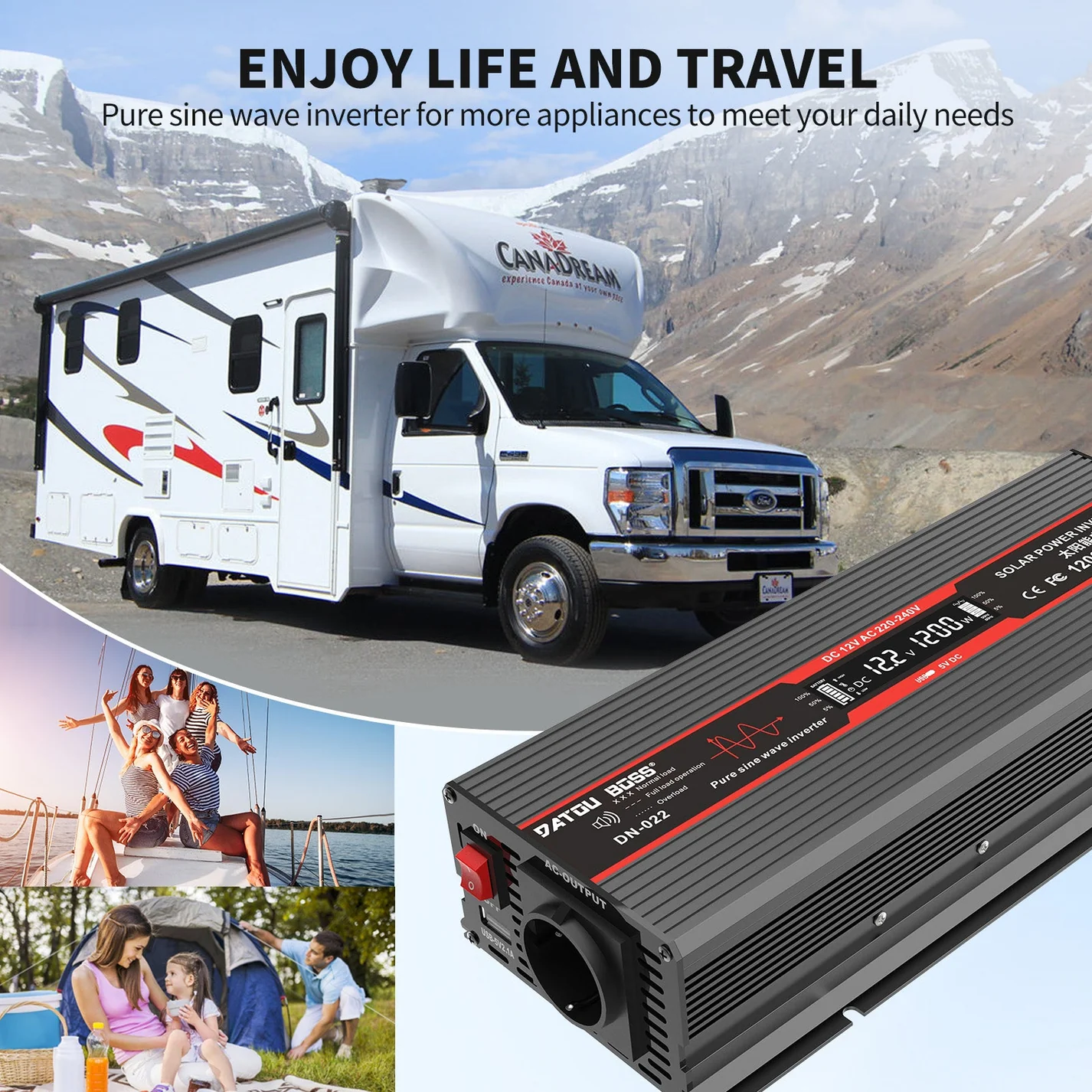 DATOUBOSS 12V 100Ah LiFePO4 Battery with 100A BMS and 1200W Pure Sine Wave Inverter 12V to 230V, 2500W Peak Power, USB, LED Display, EU Socket for RV, Home Backup and Outdoor Camping