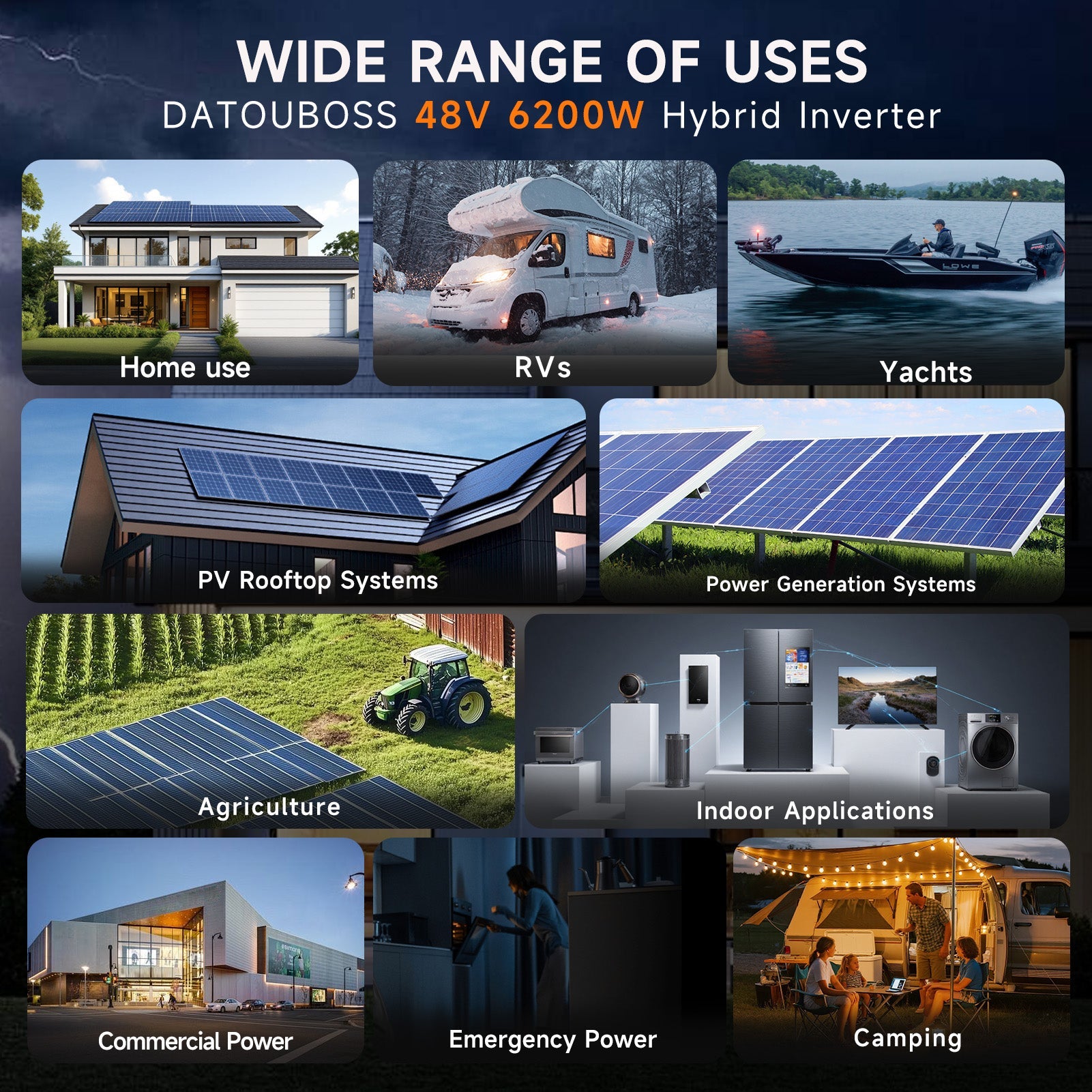 DATOUBOSS 6200W Solar Hybrid Inverter 48VDC to 230VAC, Pure Sine Wave Inverter with 120A MPPT, 8500W Photovoltaic Input, Supports Battery-Free Operation, BMS Protection System, for 48V Lithium Batteries, Dust and Water-Resistant(Compatible with WiFi 04)