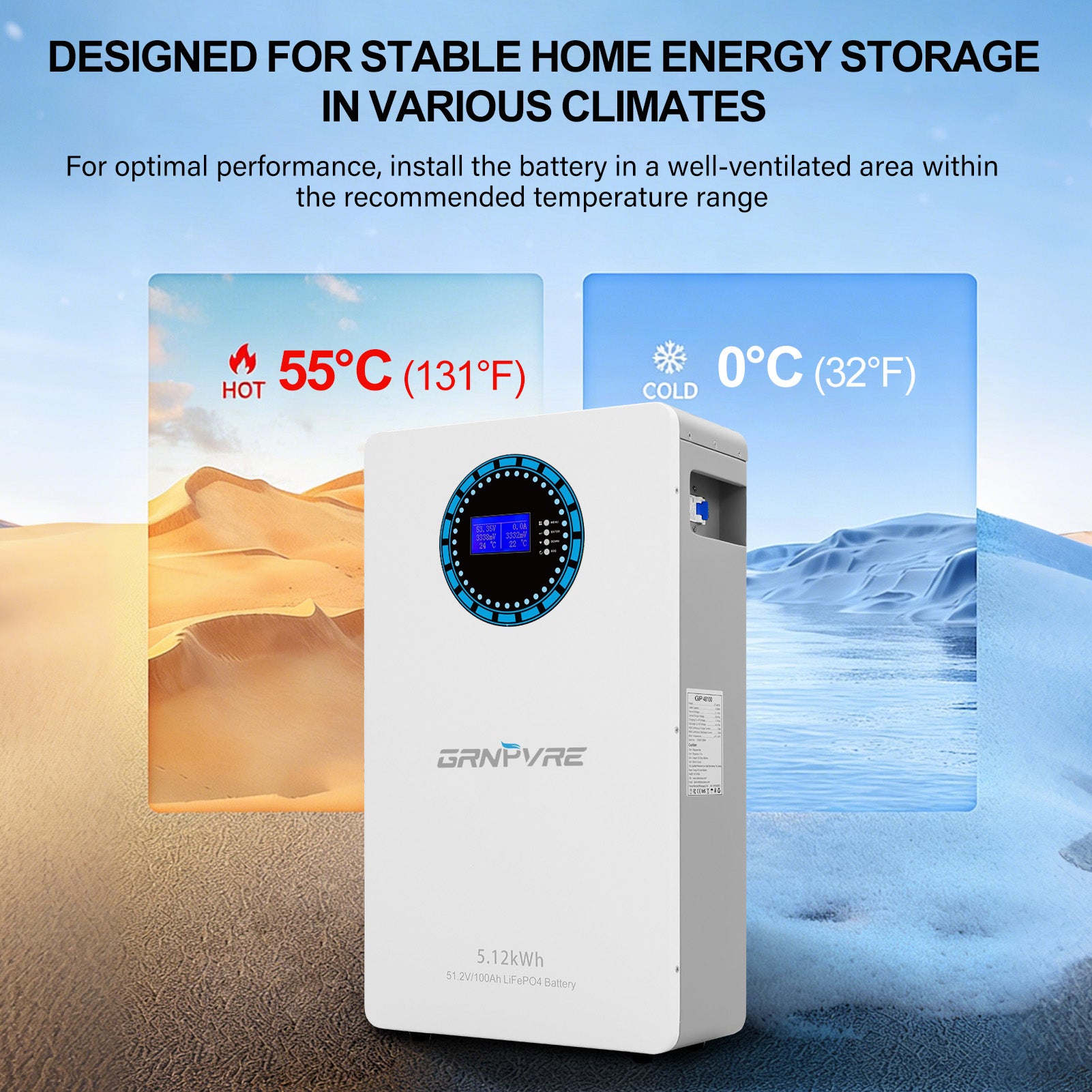 GRNPVRE 51.2V 100Ah LiFePO4 Wall-Mounted Battery, 5.12kWh, 100A BMS, for Home Energy Storage