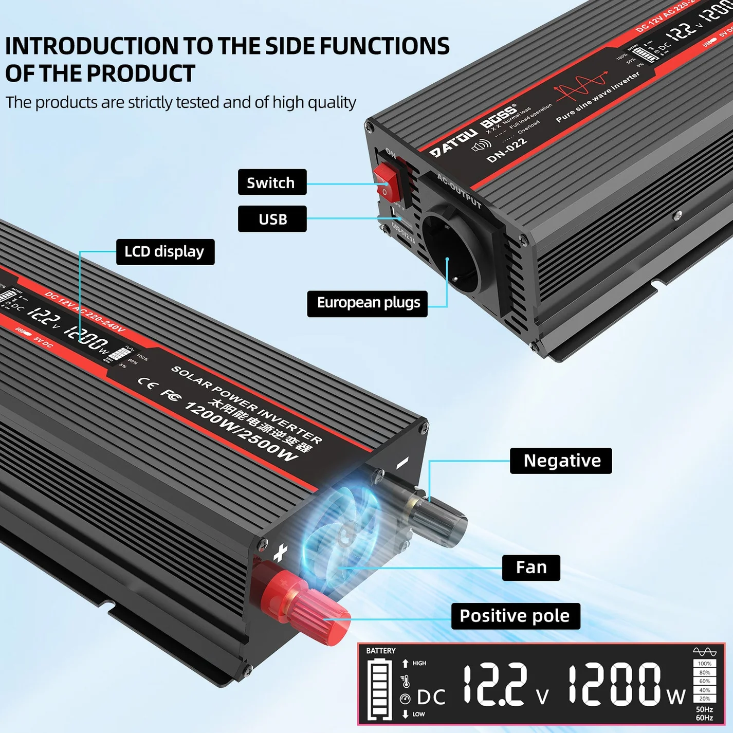 DATOUBOSS 12V 100Ah LiFePO4 Battery with 100A BMS and 1200W Pure Sine Wave Inverter 12V to 230V, 2500W Peak Power, USB, LED Display, EU Socket for RV, Home Backup and Outdoor Camping