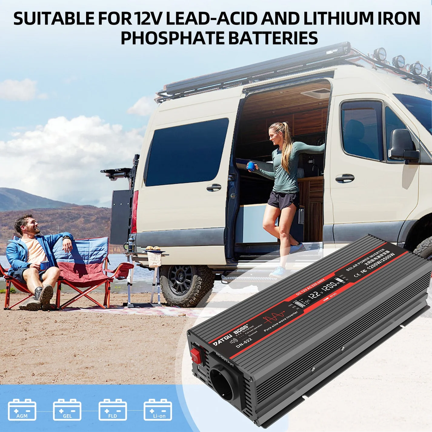 DATOUBOSS 12V 100Ah LiFePO4 Battery with 100A BMS and 1200W Pure Sine Wave Inverter 12V to 230V, 2500W Peak Power, USB, LED Display, EU Socket for RV, Home Backup and Outdoor Camping