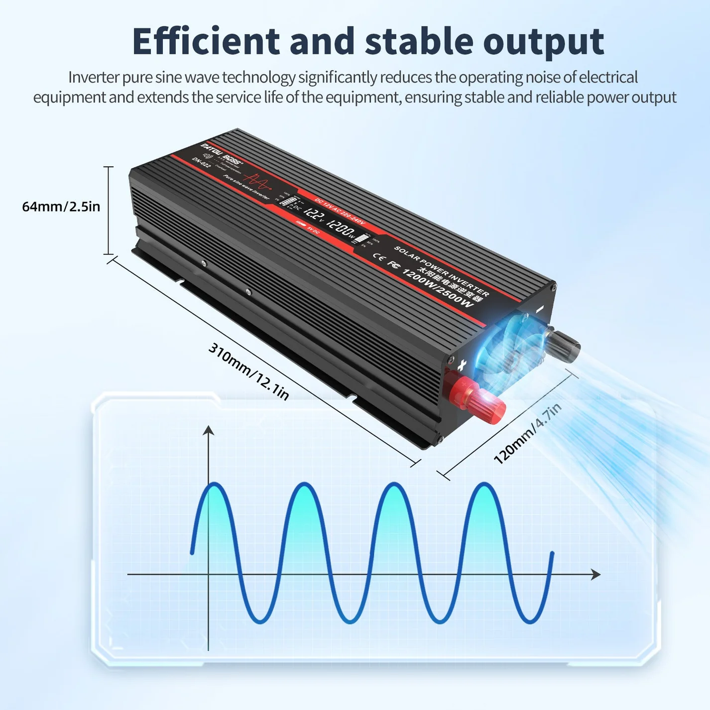 DATOUBOSS 12V 100Ah LiFePO4 Battery with 100A BMS and 1200W Pure Sine Wave Inverter 12V to 230V, 2500W Peak Power, USB, LED Display, EU Socket for RV, Home Backup and Outdoor Camping