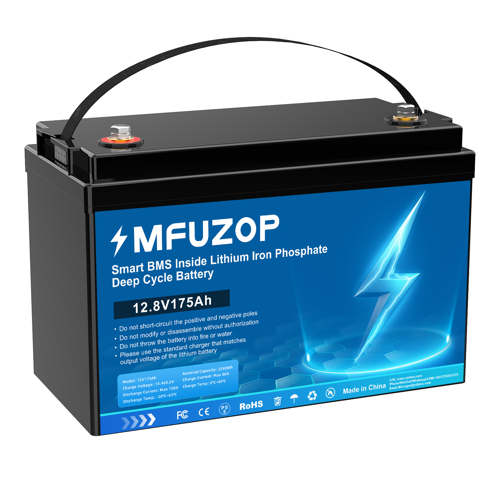 MFUZOP 12V 175Ah LiFePO4 Lithium Battery with 100A Smart BMS, 20000 Deep Cycle Marine Battery 12V, Max 1280Wh Energy, Group 24 for RVs, Vans, Trailers, Motorhomes, and Boats Main image