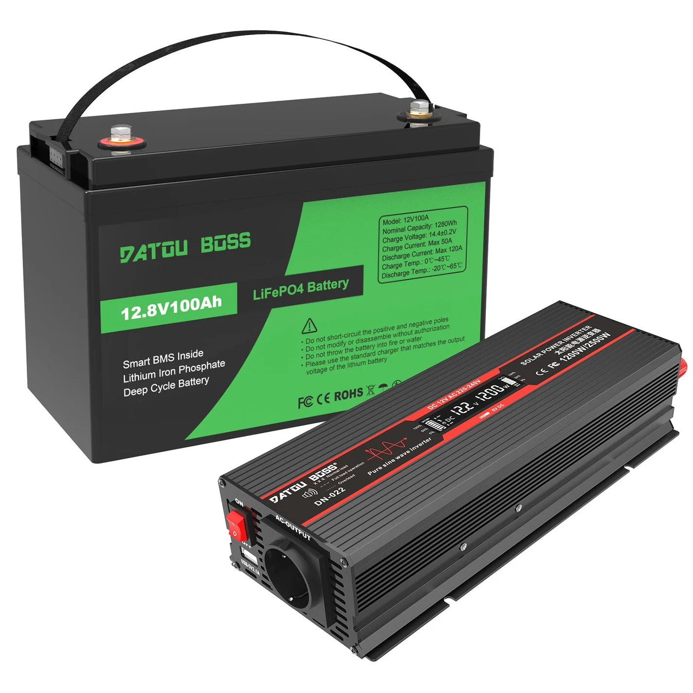 DATOUBOSS 12V 100Ah LiFePO4 Battery with 100A BMS and 1200W Pure Sine Wave Inverter 12V to 230V, 2500W Peak Power, USB, LED Display, EU Socket for RV, Home Backup and Outdoor Camping