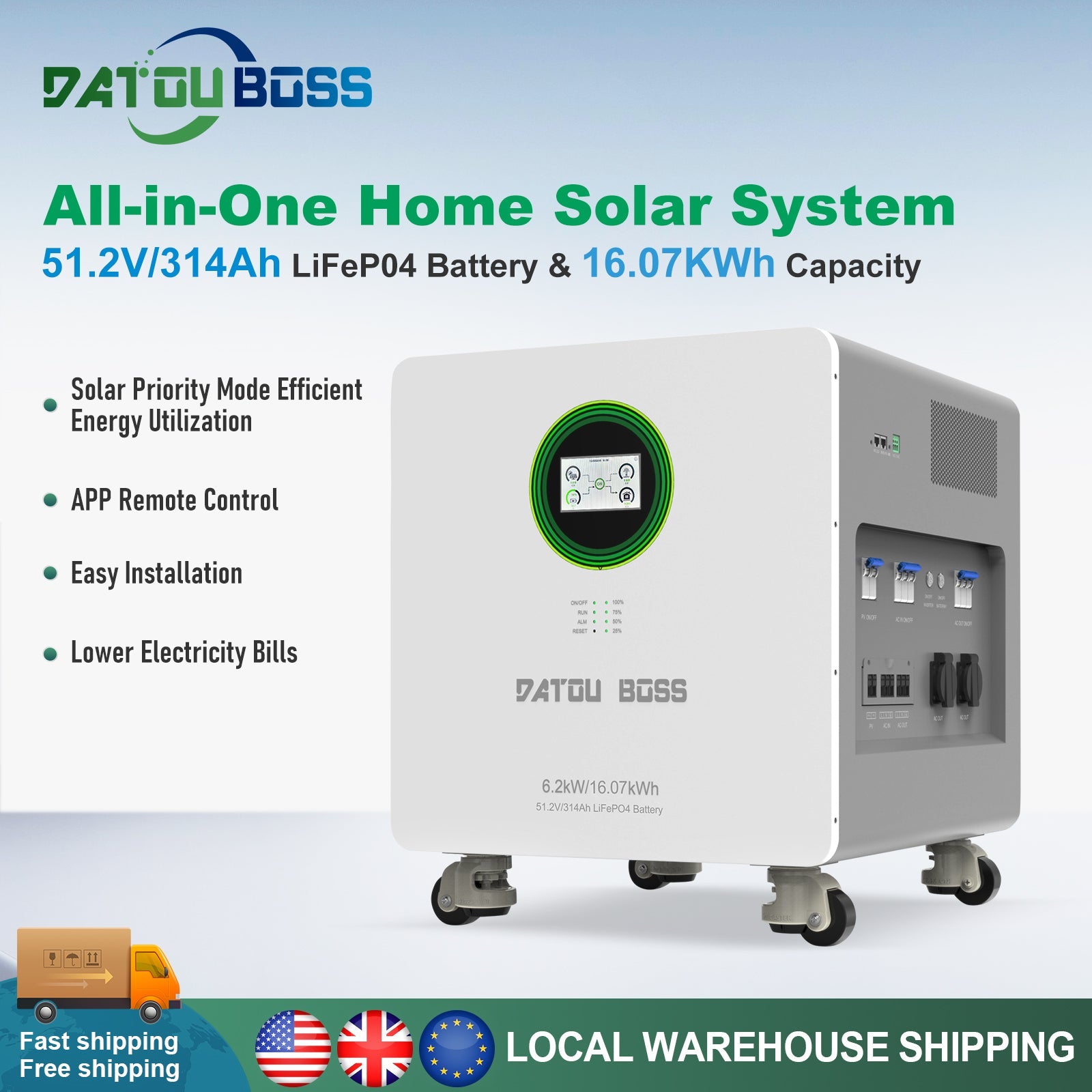 DATOUBOSS 48V 6200W Hybrid Inverter + 314Ah LiFePO4 Battery Portable Power Supply with LCD Touch Screen, Detachable, and Wheels, suitable for large-capacity solar energy storage systems/RVs/home energy storage systems Secondary image