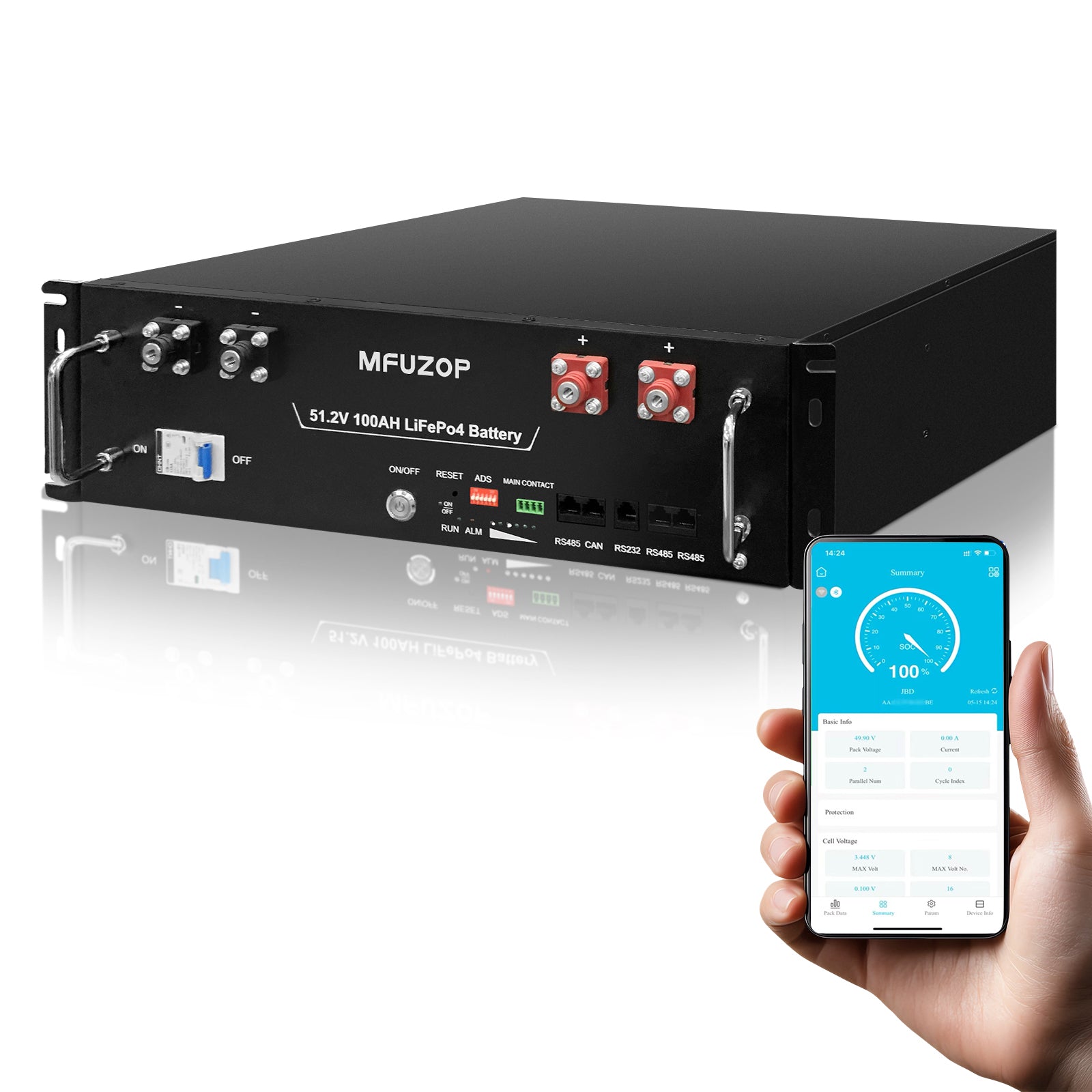 MFUZOP 48V 100Ah LiFePO4 Lithium Battery, 5.12kWh 3U Rack Mount Server Battery, Bluetooth & App Monitoring, Built-in 100A BMS, 15,000+ Deep Cycles, Supports RS232/RS485/CAN, for Home Off Grid RV Backup Power Main image