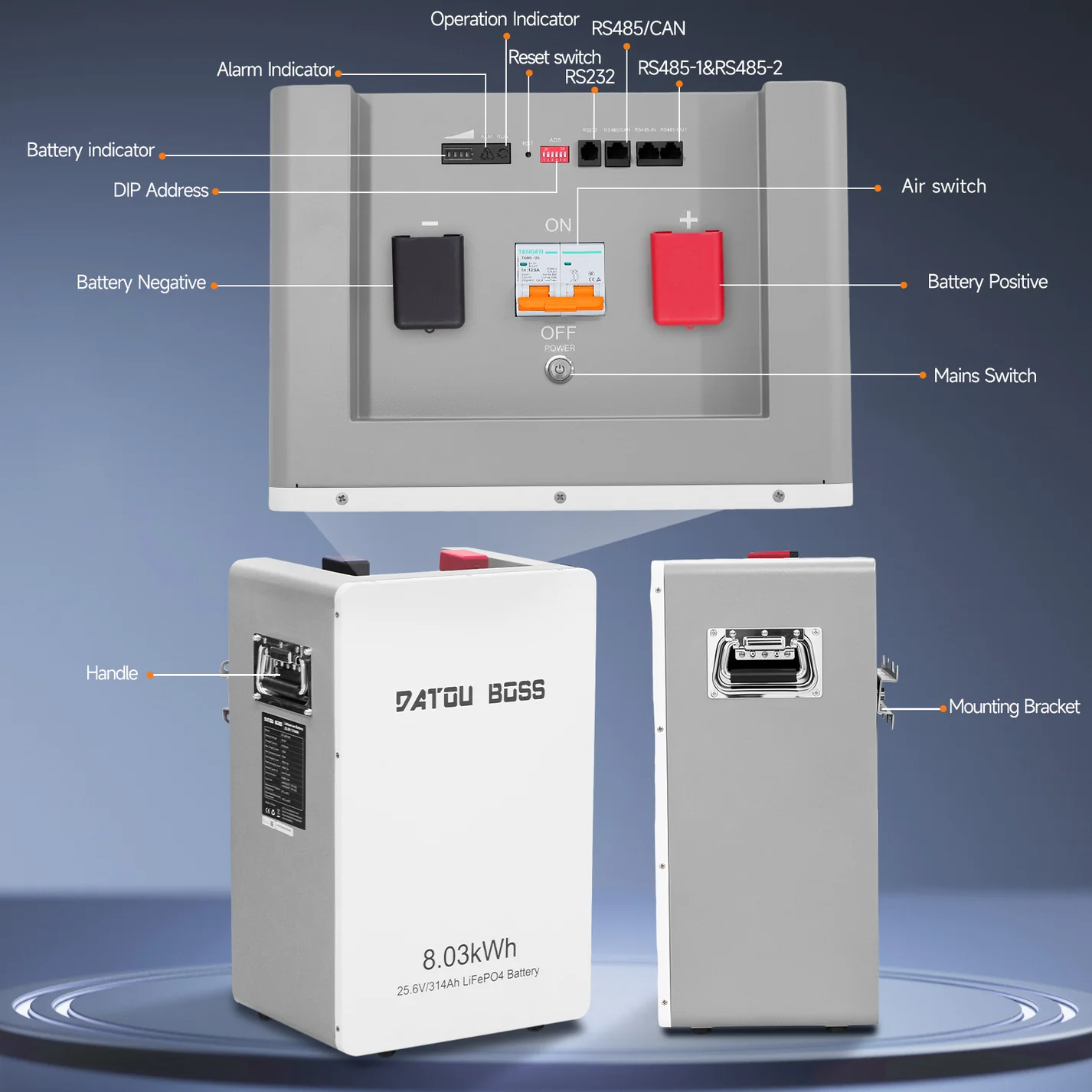 DATOUBOSS 24V 314Ah LiFePO4 Battery, 8kWh Solar Energy Storage System with 210A BMS, Metal Case with Wheels for Home Energy Storage, Solar, RV & Off-Grid Backup Power Immagine secondaria del prodotto
