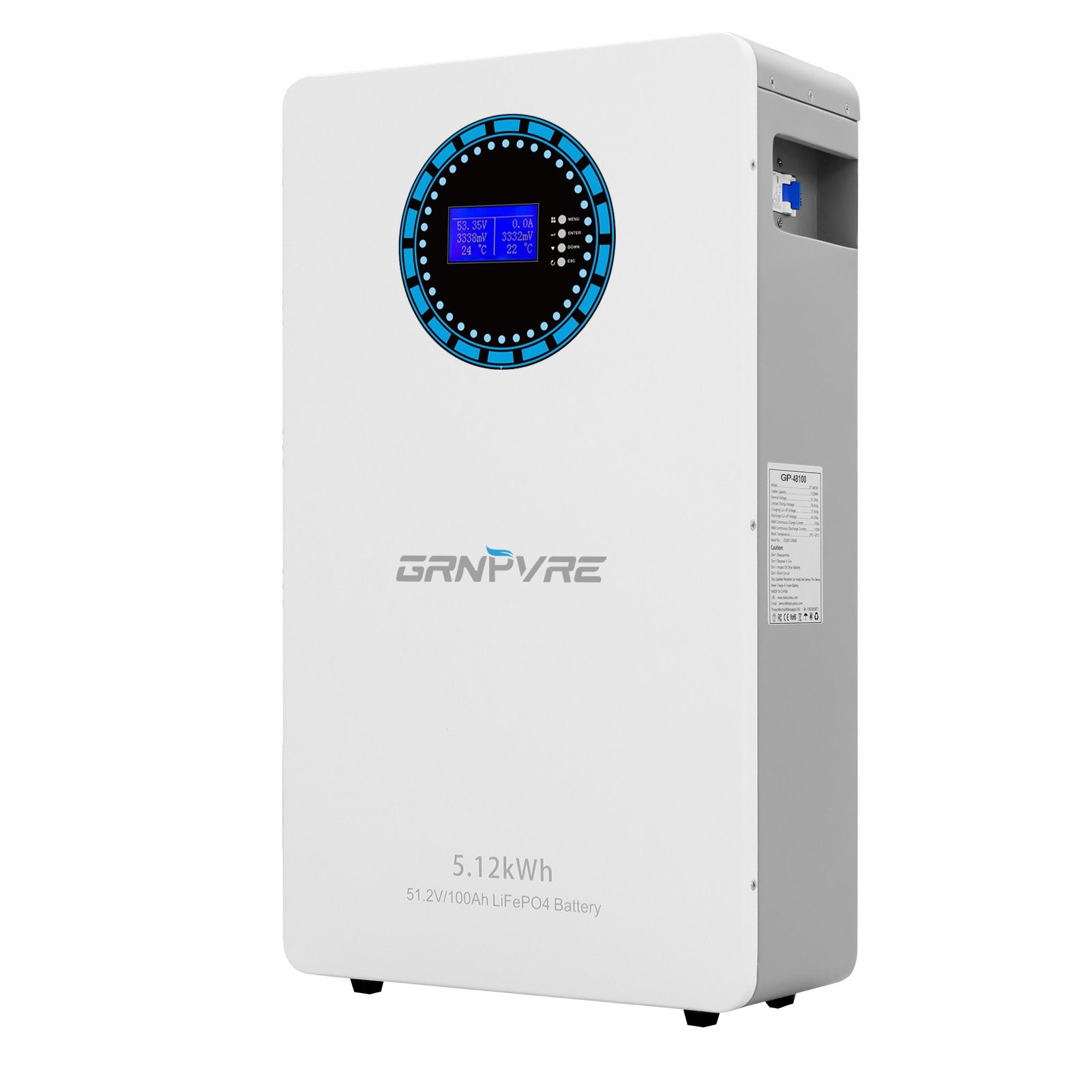 GRNPVRE 51.2V 100Ah LiFePO4 Wall-Mounted Battery, 5.12kWh, 100A BMS, for Home Energy Storage
