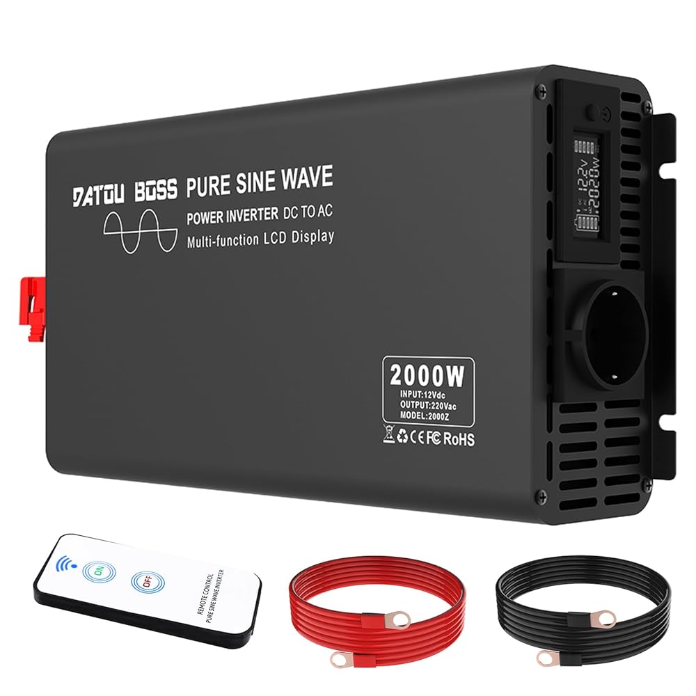 DATOUBOSS 2000W Pure Sine Wave Inverter, 12V to 230V AC Voltage Converter, Peak Power 4000W with 1 EU Plug, LCD Display and Radio Remote Control for Trucks, Motorhomes, Home, Camping, Household Main image