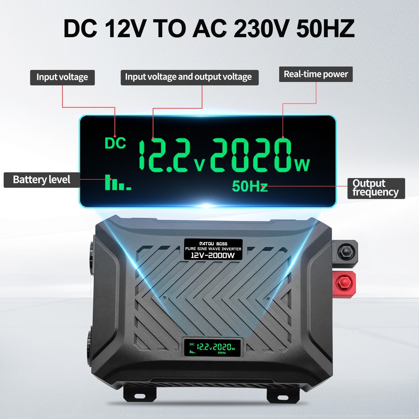 DATOUBOSS 2000W Pure Sine Wave Inverter, 12V to 230V AC Voltage Converter, Peak Power 4000W Peak Power, with Intelligent Detection System & LCD Display & 2 EU Socket Secondary image