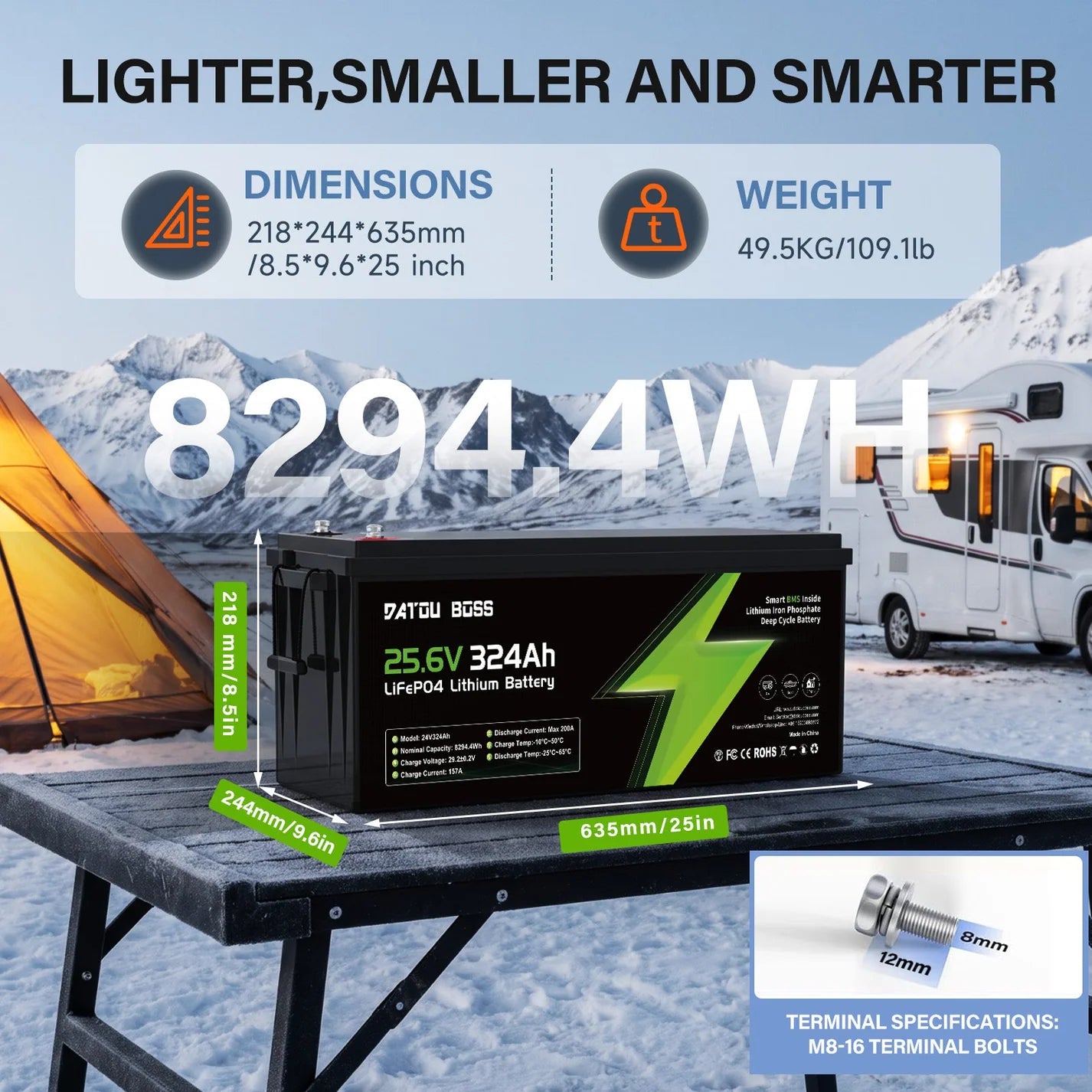 DATOUBOSS 24V 324Ah LiFePO4 Battery | 200A Smart BMS | Bluetooth & Low-Temp Protection | 15000 Cycles for RV, Solar Secondary image