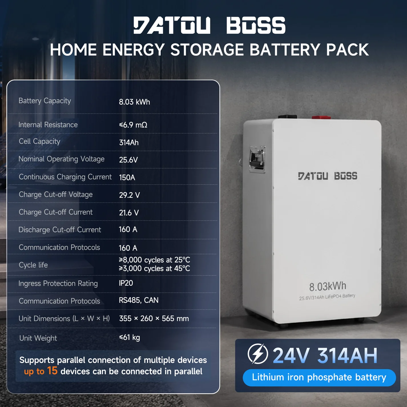 DATOUBOSS 24V 314Ah LiFePO4 Battery, 8kWh Solar Energy Storage System with 210A BMS, Metal Case with Wheels for Home Energy Storage, Solar, RV & Off-Grid Backup Power