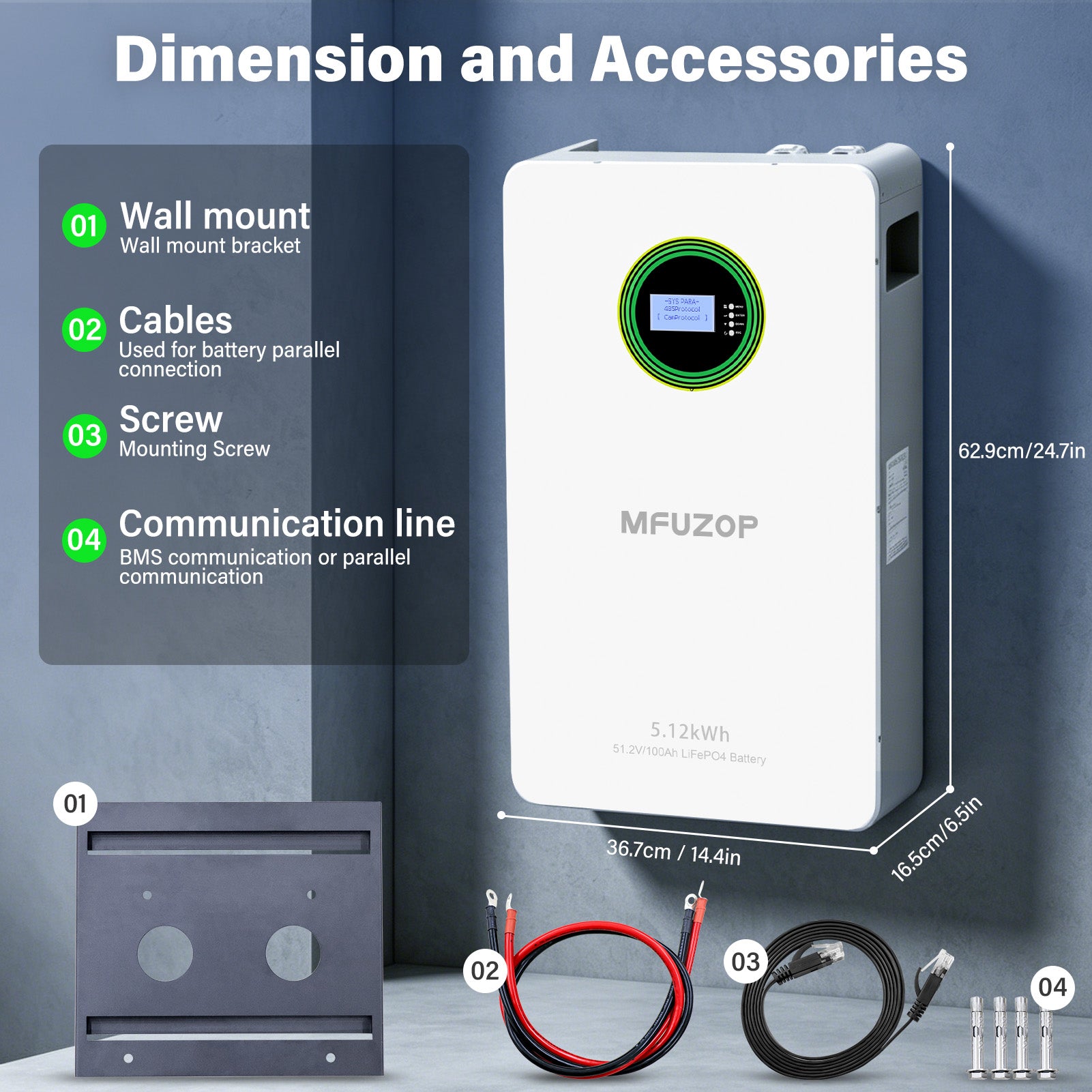 MFUZOP 51.2V 100Ah LiFePO4 Wall-Mounted Battery, 5.12kWh, 100A BMS, for Home Energy Storage