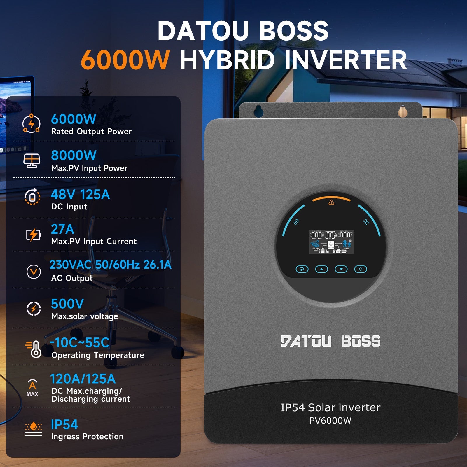 DATOUBOSS 6000W Solar Hybrid Inverter 48VDC to 230VAC, Pure Sine Wave Inverter with 120A MPPT, 8500W Photovoltaic Input, Supports Battery-Free Operation, BMS Protection System, for 48V Lithium Batteries, Dust & Water-Resistant
