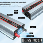 DATOUBOSS 1800W Pure Sine Wave Inverter, 12V to 230V AC Car Power Converter, Peak Power 3600W with EU Sockets, USB Ports and LED Display for Household Appliances, Car, Caravan, Truck