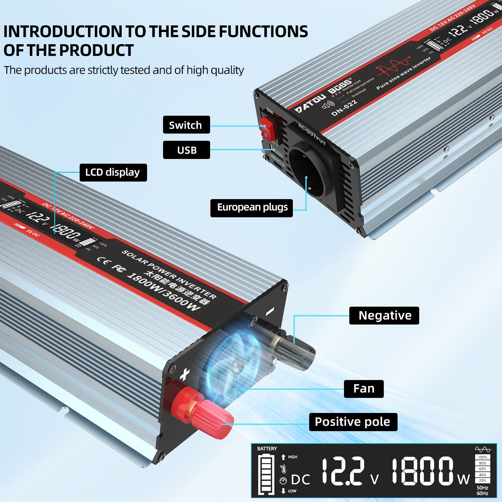 DATOUBOSS 1800W Pure Sine Wave Inverter, 12V to 230V AC Car Power Converter, Peak Power 3600W with EU Sockets, USB Ports and LED Display for Household Appliances, Car, Caravan, Truck