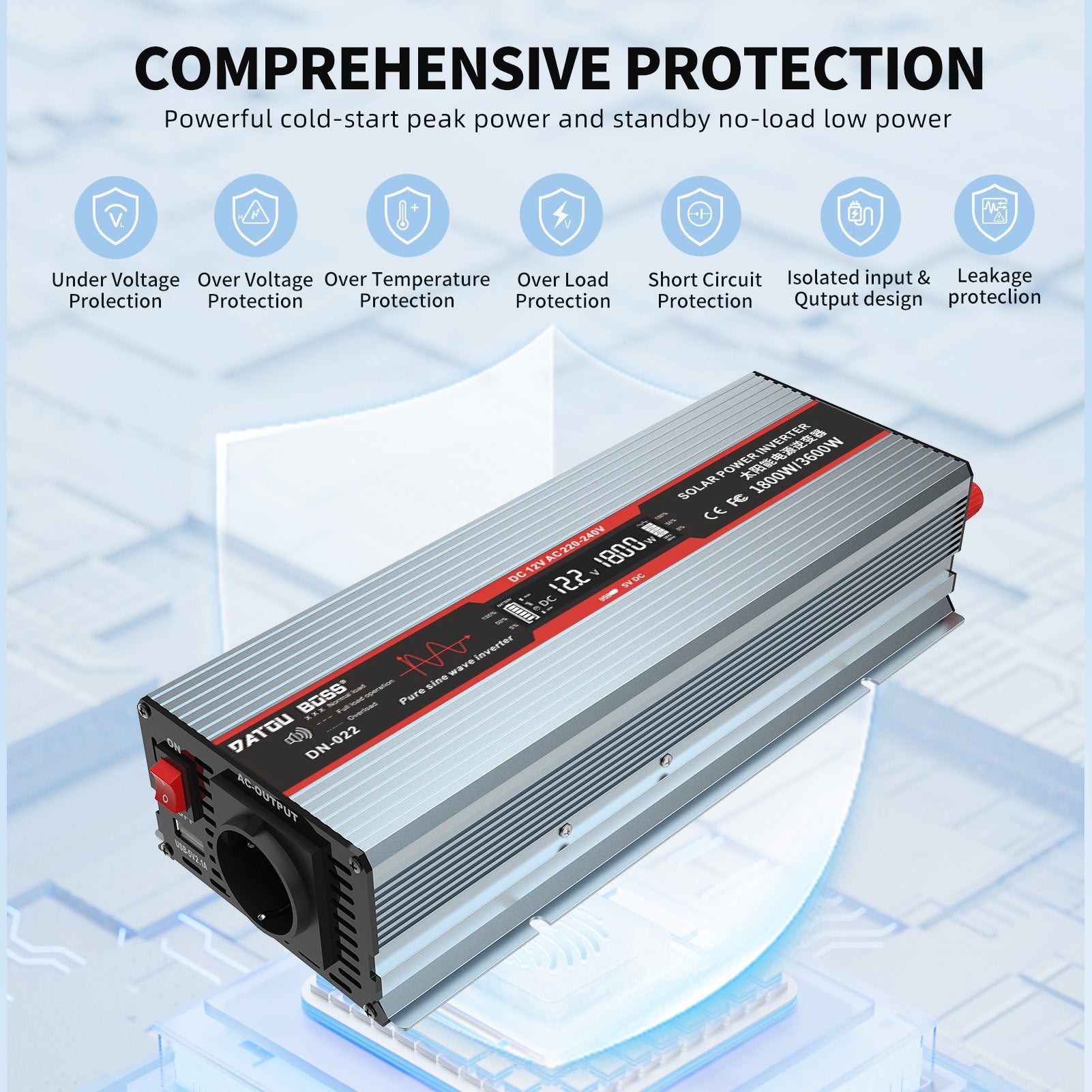 DATOUBOSS 1800W Pure Sine Wave Inverter, 12V to 230V AC Car Power Converter, Peak Power 3600W with EU Sockets, USB Ports and LED Display for Household Appliances, Car, Caravan, Truck