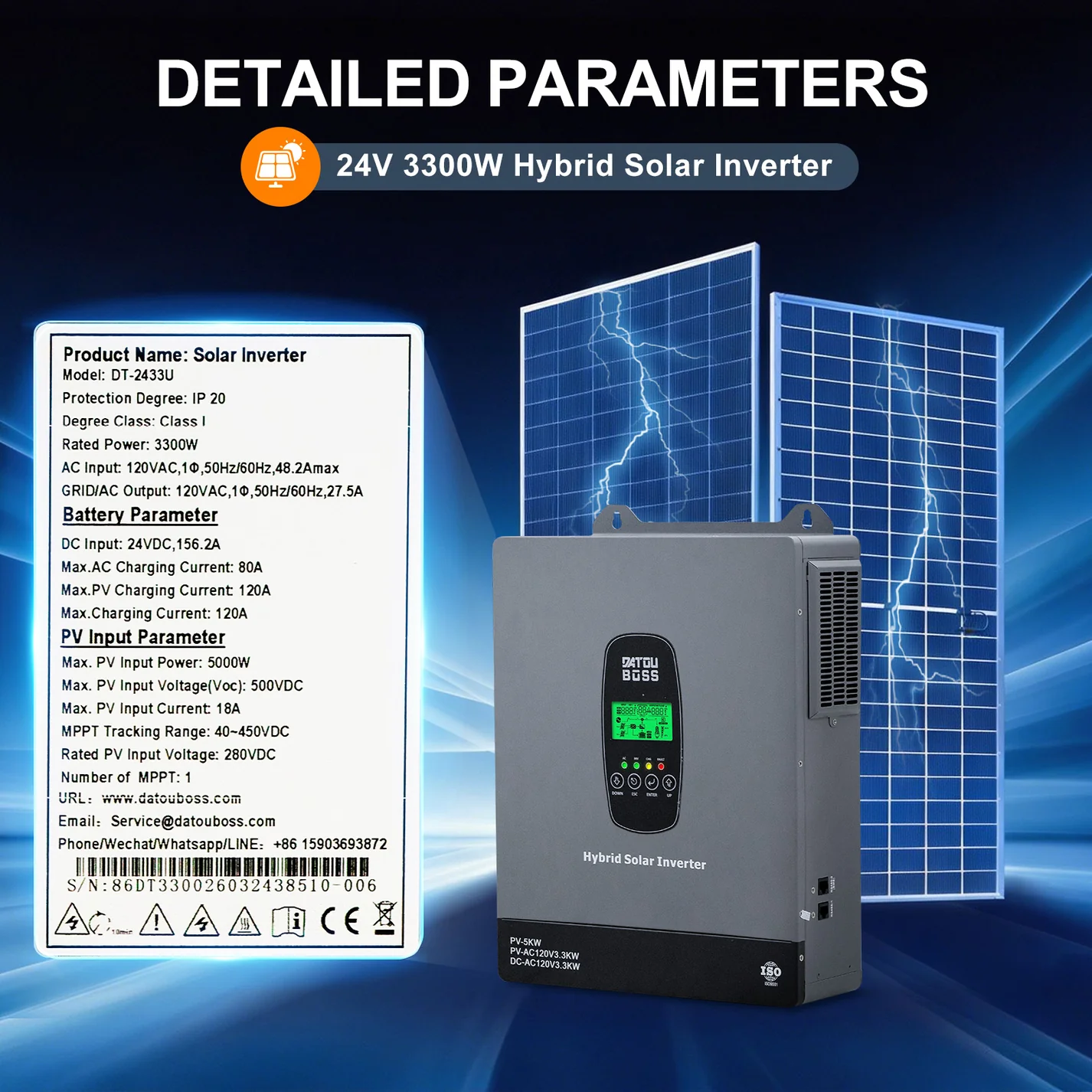 DATOUBOSS 24V 3300W Hybrid Solar Inverter + 8kWh 314Ah LiFePO4 Battery (150A BMS), 150A MPPT, Battery-Free Operation, 24V DC to 120V AC for Home Backup & Off-Grid Systems