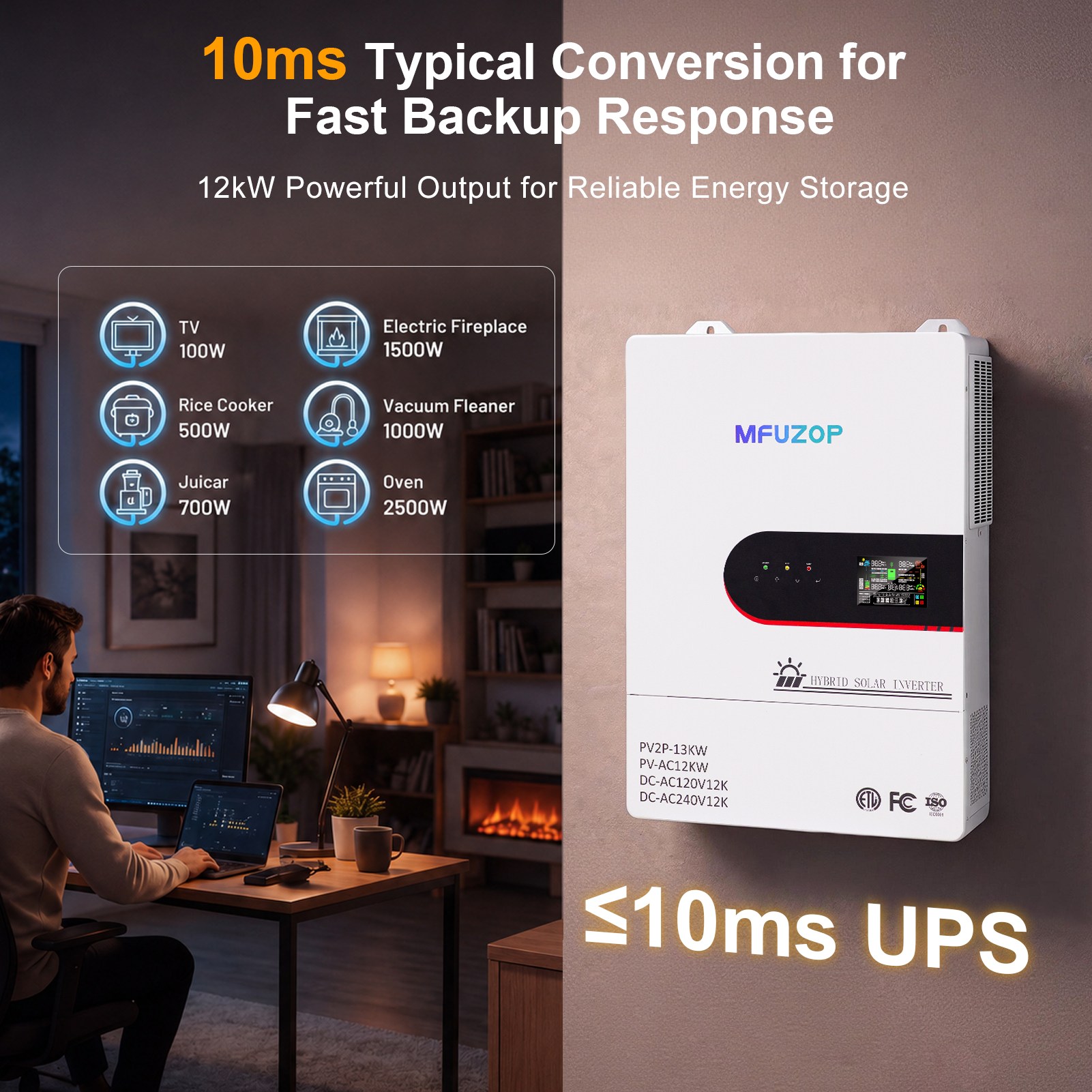 MFUZOP 12KW 48V Hybrid Inverter,Single Phase 120V & Split Phase 240V Output, for Solar Systems(Compatible with WiFi 06)