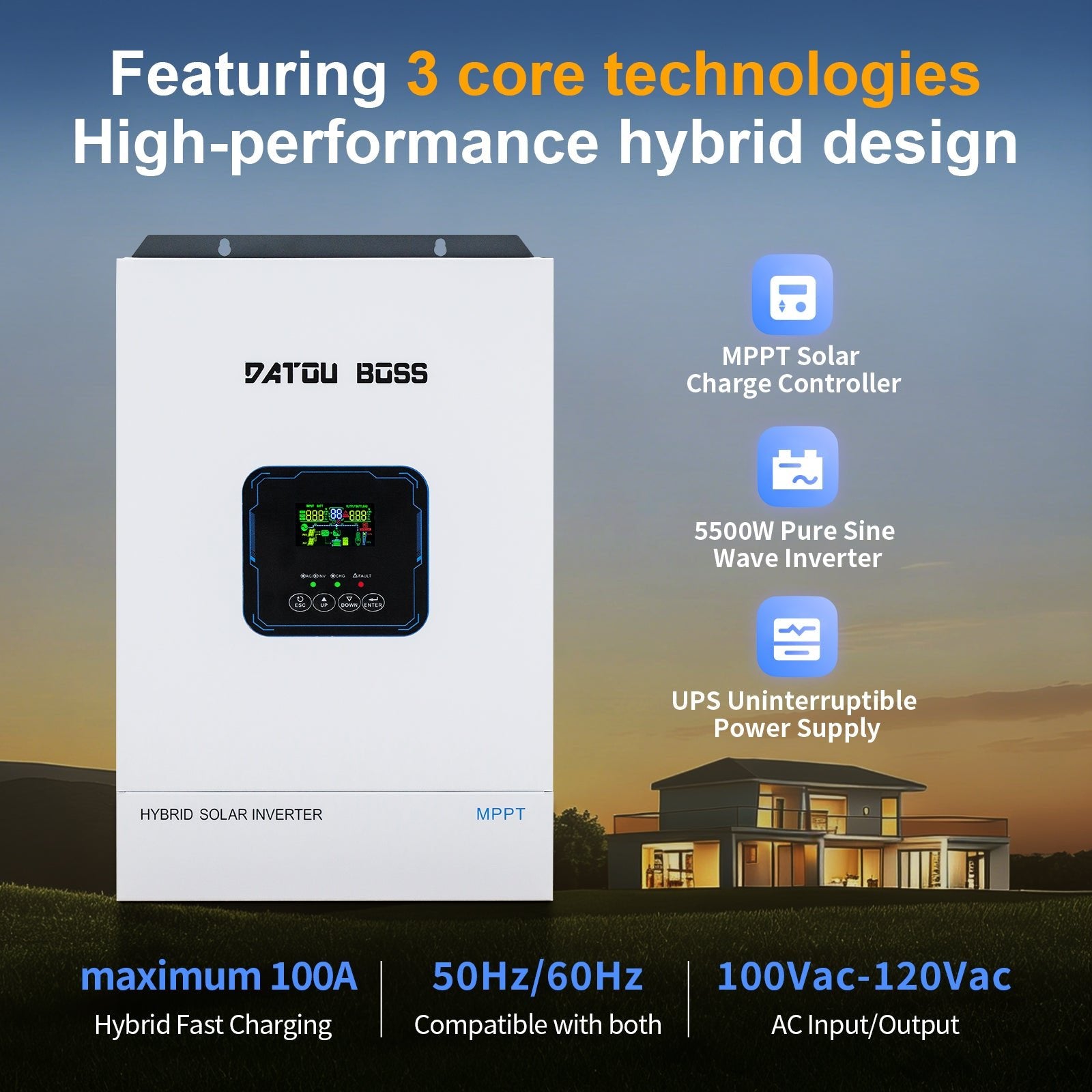 DATOUBOSS hybrid inverter 5500W, 48V to 110V, 120A MPPT, off-grid, and hybrid modes, 50Hz/60Hz, for solar system