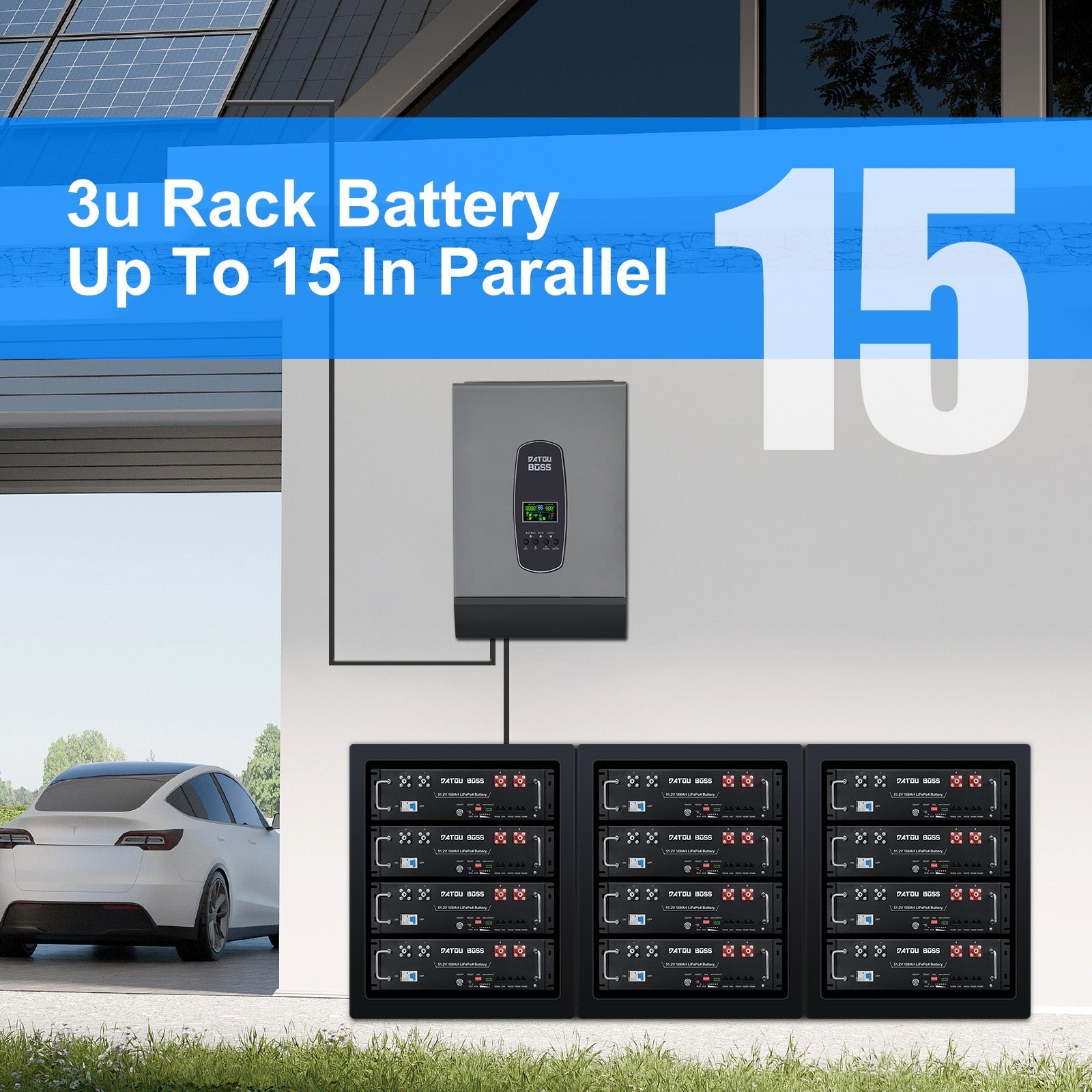 DATOUBOSS 51.2V 100Ah LiFePO4 battery with 200A BMS, designed for 6000+ deep cycle use. for solar system energy systems.