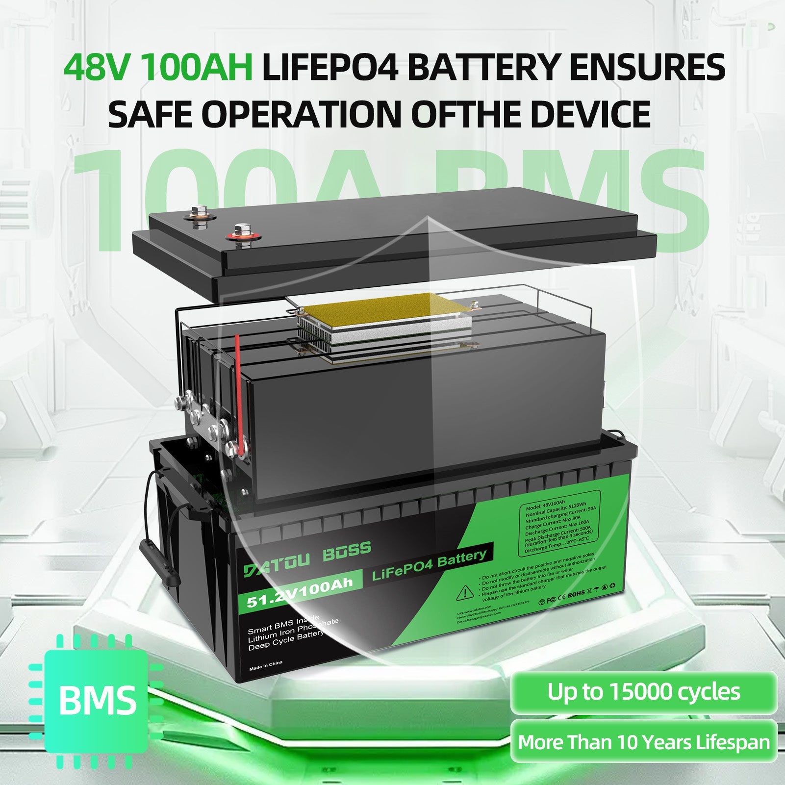 DATOUBOSS 48V 100Ah Lithium LiFePO4 Battery with 100A BMS Deep Cycle Battery for DIY RV Car Solar Home System Secondary image