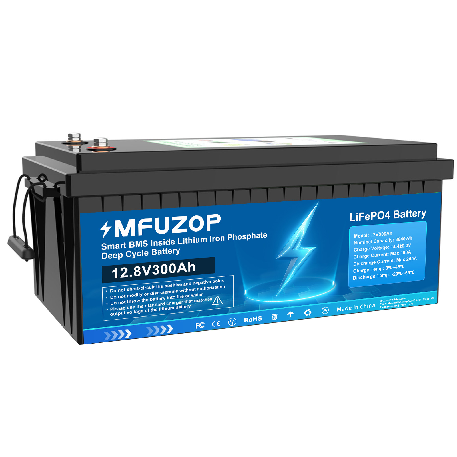 MFUZOP 12V 300Ah LiFePO4 Battery, 3840Wh Lithium Iron Phosphate Battery with 200A BMS, 15000+ Cycles, Low Temp Protection, for RV, Camper, Marine, Solar, Off-Grid, Home Backup, Series & Parallel Main image