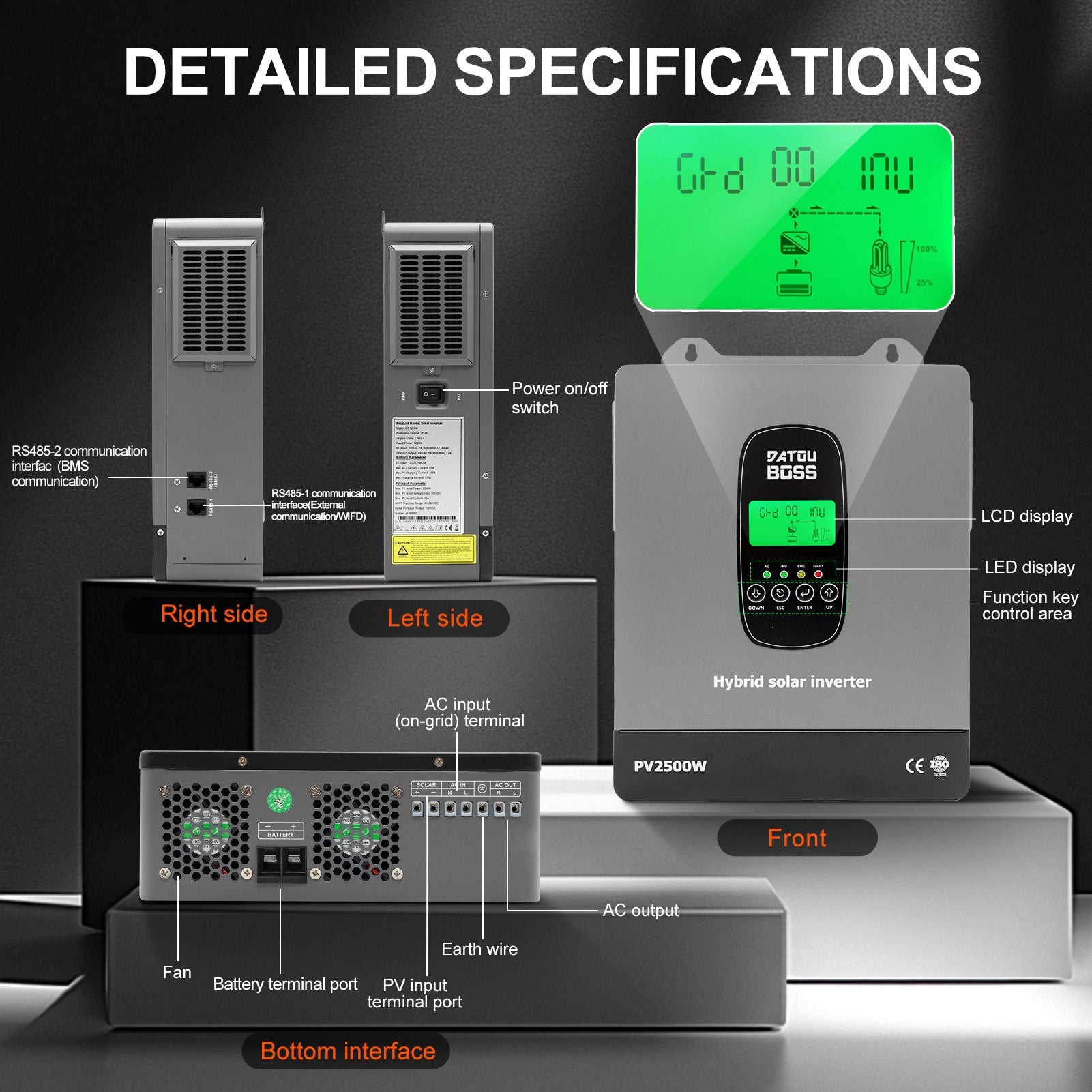 DATOUBOSS 1800W Hybrid Inverter 12V, Hybrid Solar Inverter On Grid, Supports Battery-Free Operation, 12V DC to 220/230V AC, BMS Protection System, with 150A MPPT for 12V Batteries