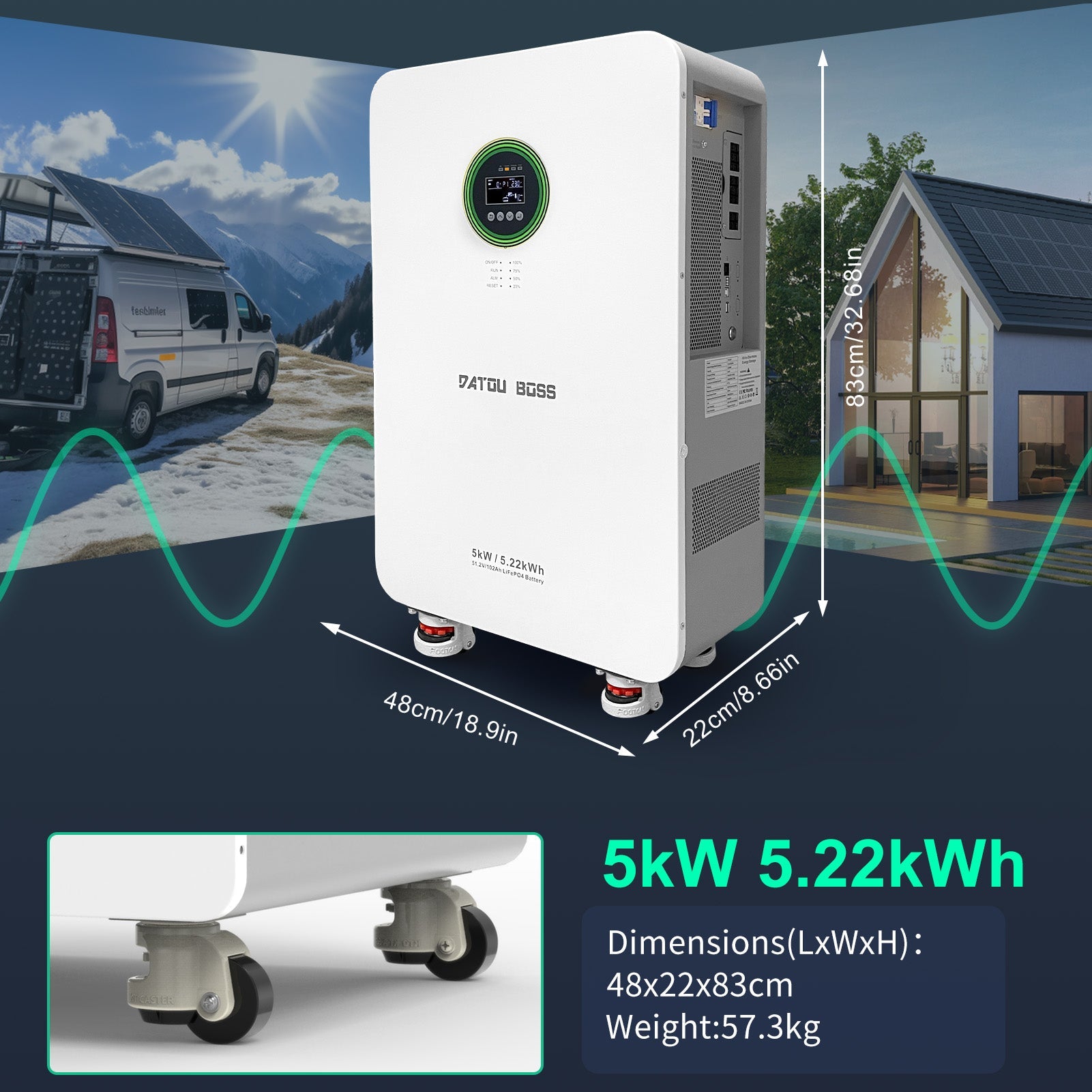 DATOUBOSS 48V 5000W Hybrid Inverter + 102Ah LiFePO4 Battery Portable Power Supply with LCD Touch Screen, Detachable, and Wheels, suitable for large-capacity solar energy storage systems/RVs/home energy storage systems