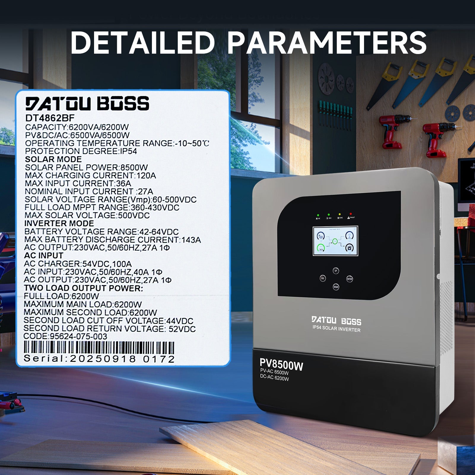 DATOUBOSS 6200W Solar Hybrid Inverter 48VDC to 230VAC, Pure Sine Wave Inverter with 120A MPPT, 8500W Photovoltaic Input, Supports Battery-Free Operation, BMS Protection System, for 48V Lithium Batteries, Dust and Water-Resistant(Compatible with WiFi 04)