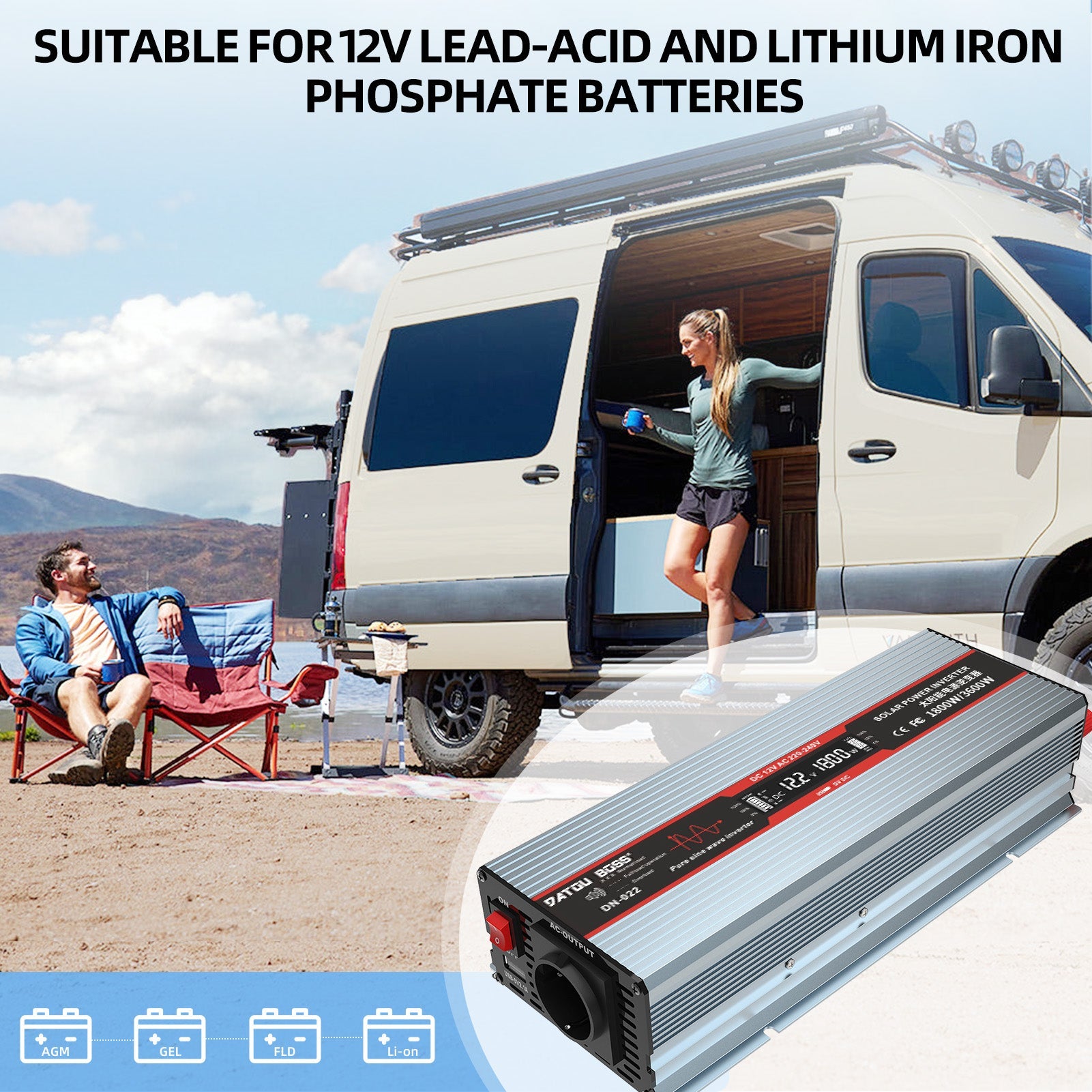 DATOUBOSS 1800W Pure Sine Wave Inverter, 12V to 230V AC Car Power Converter, Peak Power 3600W with EU Sockets, USB Ports and LED Display for Household Appliances, Car, Caravan, Truck