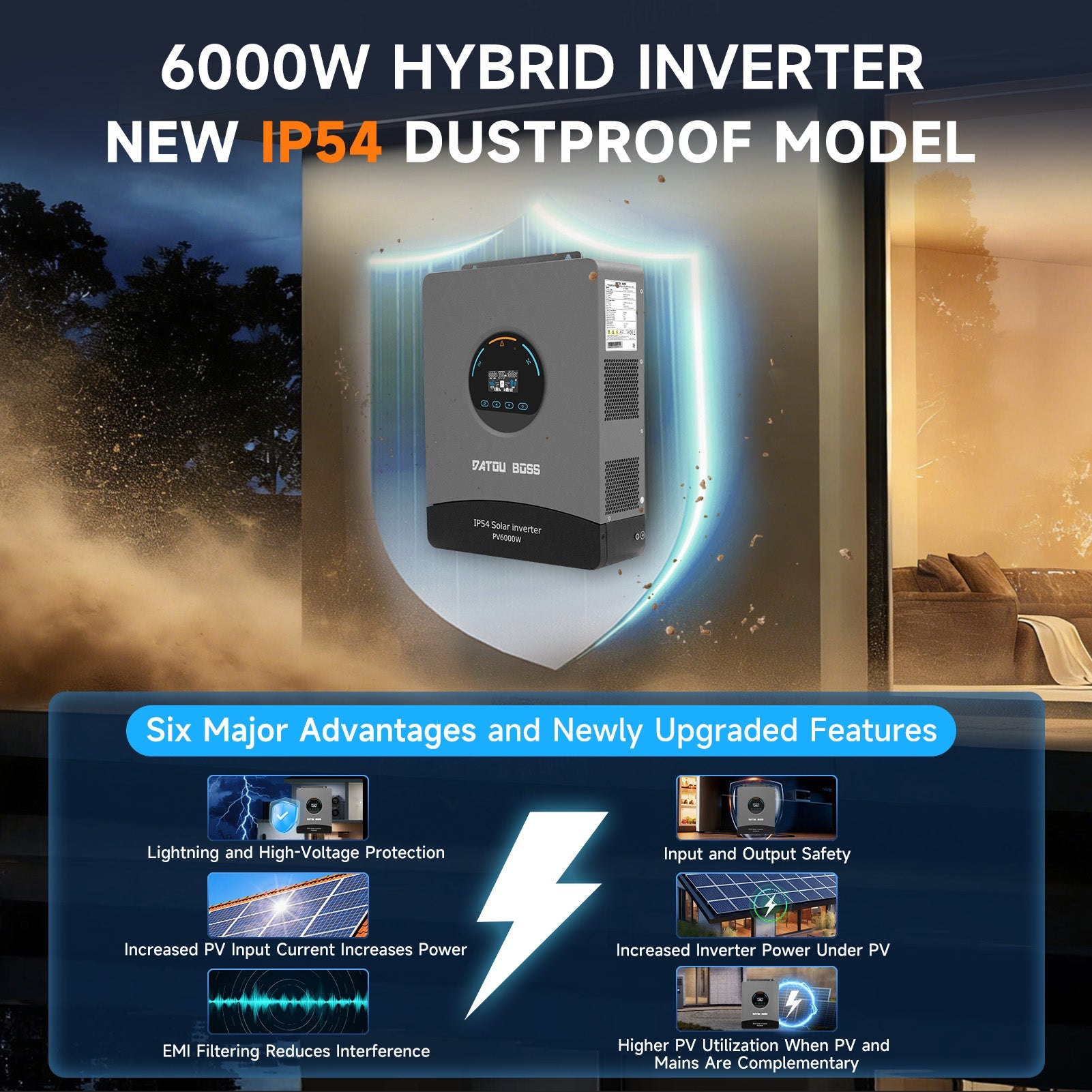 DATOUBOSS 6000W Solar Hybrid Inverter 48VDC to 230VAC, Pure Sine Wave Inverter with 120A MPPT, 8500W Photovoltaic Input, Supports Battery-Free Operation, BMS Protection System, for 48V Lithium Batteries, Dust & Water-Resistant