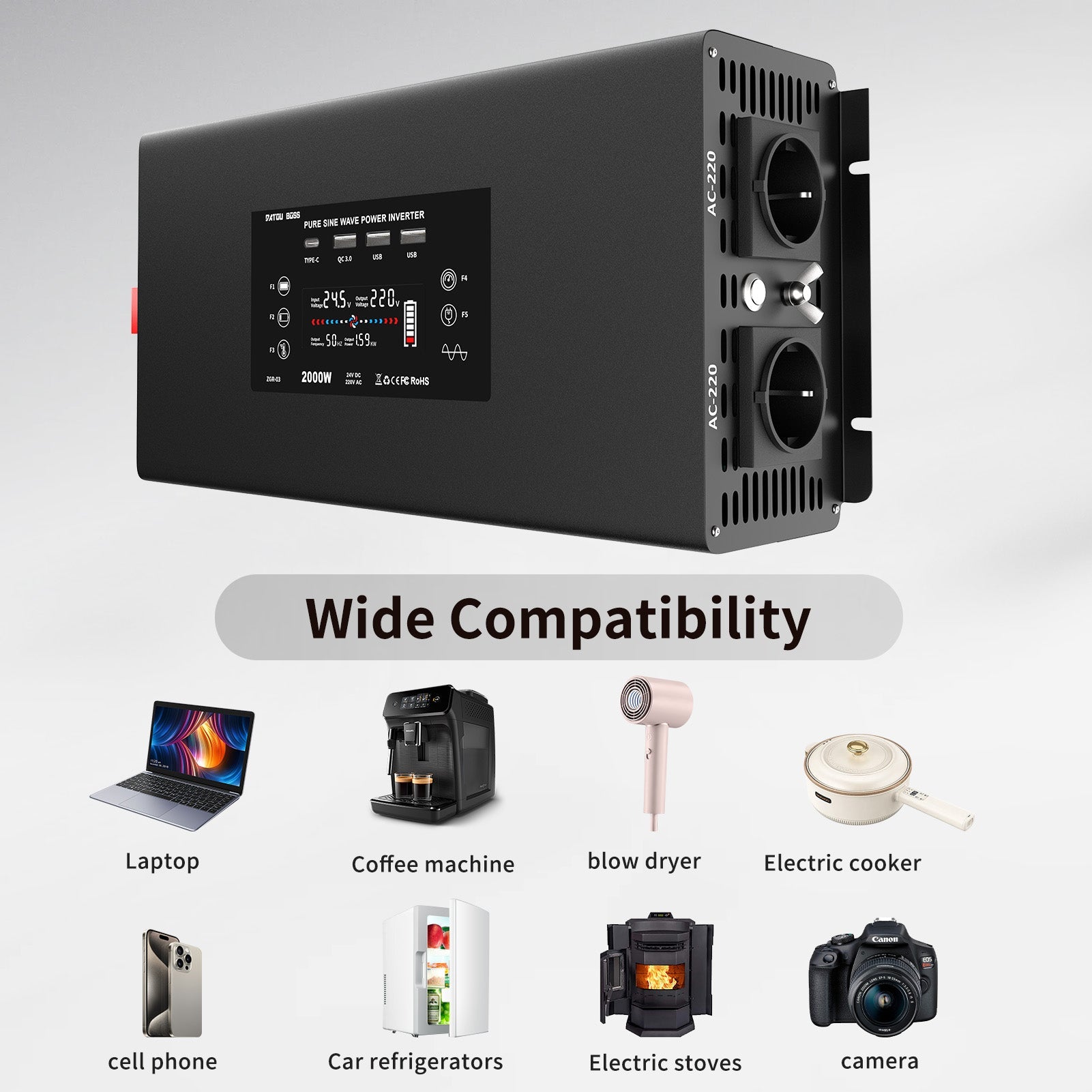 DATOUBOSS 2000W Pure Sine Wave Inverter, 24V to 230V AC Voltage Converter, Peak Power 4000W with Remote Control 2 EU Sockets, 3 USB, 1 Type-C Converter Voltage Converter for Car, Motorhome