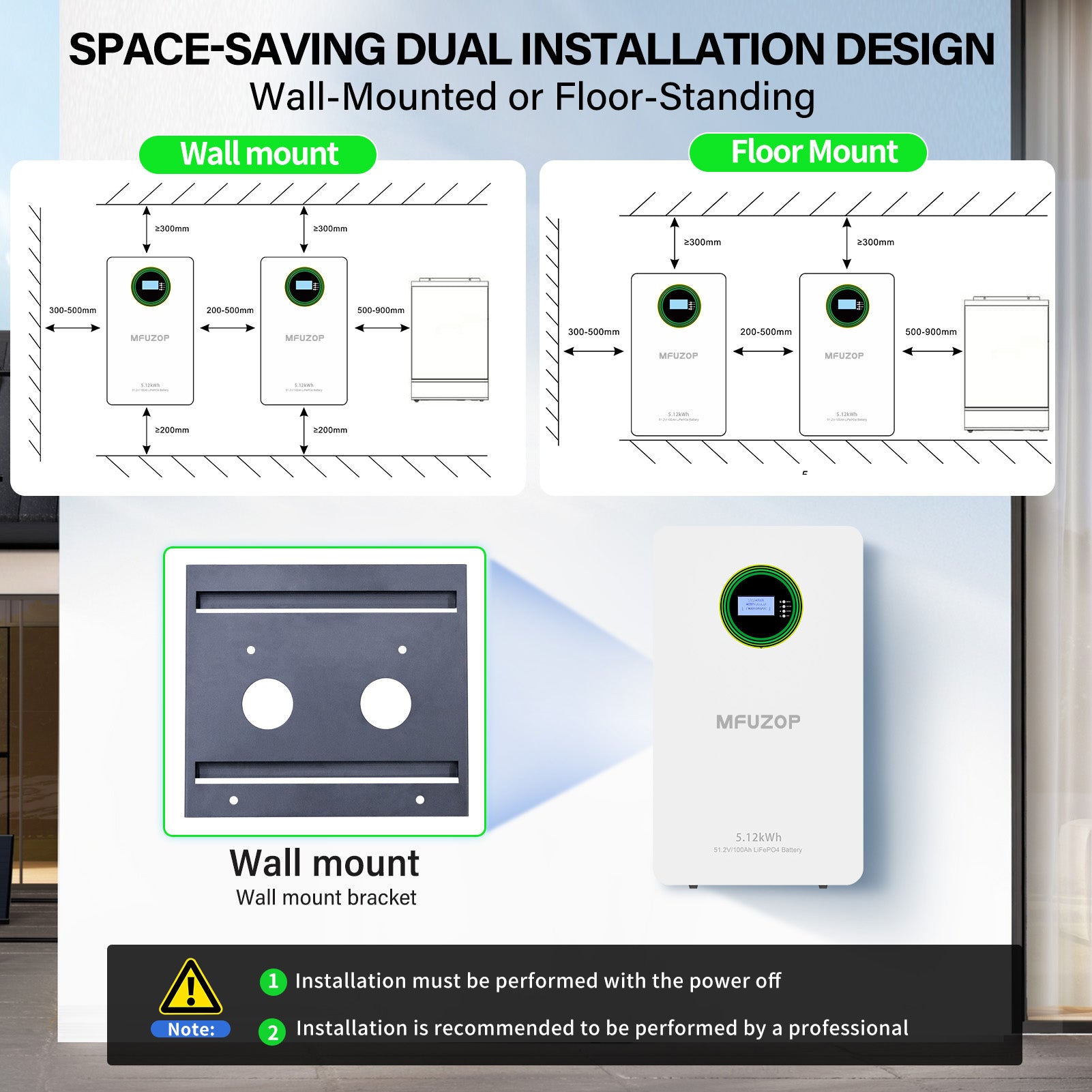 MFUZOP 51.2V 100Ah LiFePO4 Wall-Mounted Battery, 5.12kWh, 100A BMS, for Home Energy Storage