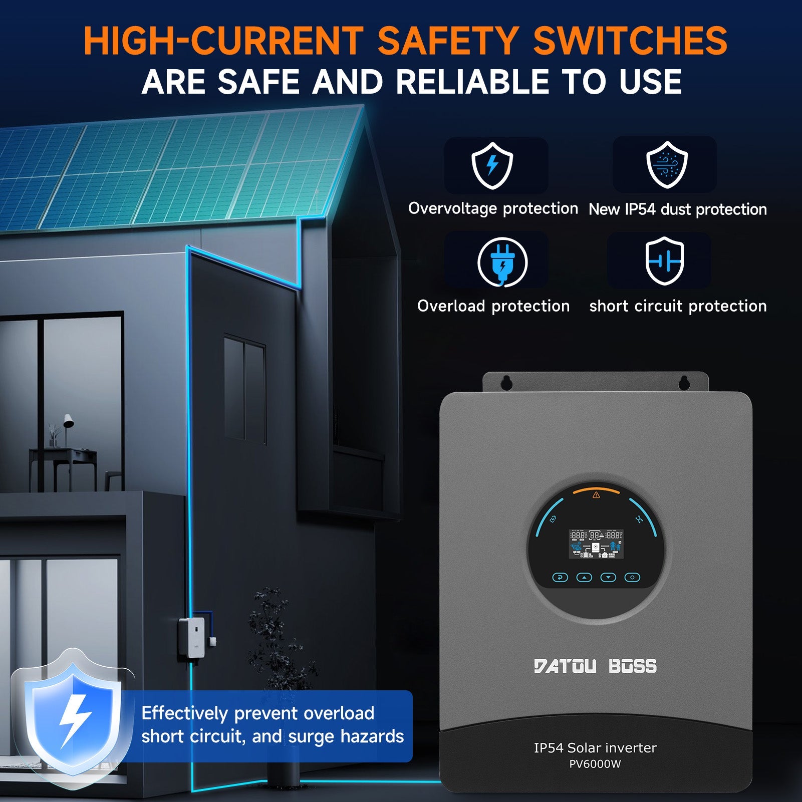 DATOUBOSS 6000W Solar Hybrid Inverter 48VDC to 230VAC, Pure Sine Wave Inverter with 120A MPPT, 8500W Photovoltaic Input, Supports Battery-Free Operation, BMS Protection System, for 48V Lithium Batteries, Dust & Water-Resistant