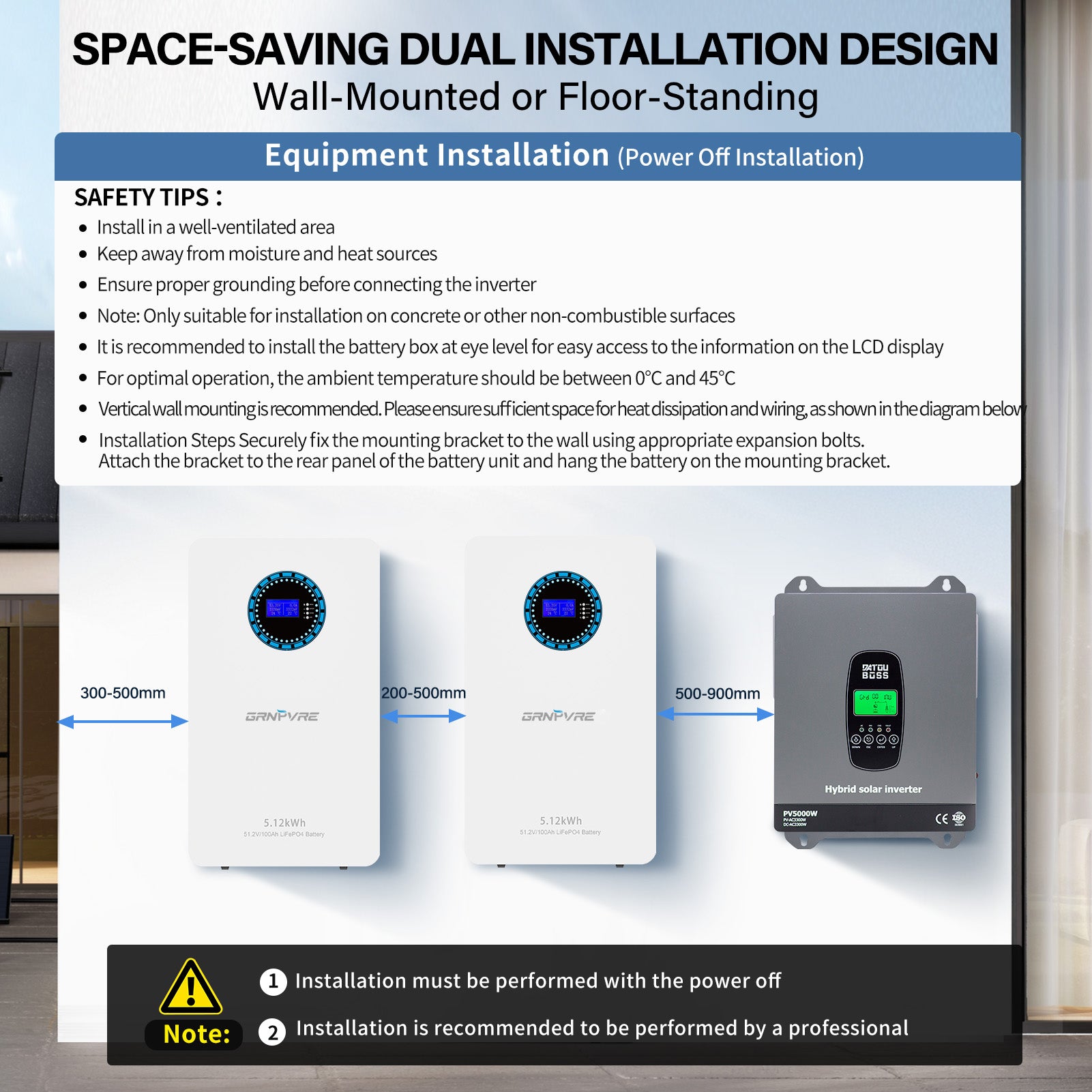 GRNPVRE 51.2V 100Ah LiFePO4 Wall-Mounted Battery, 5.12kWh, 100A BMS, for Home Energy Storage