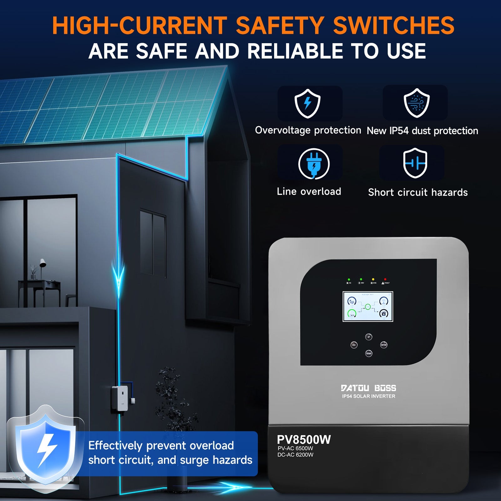 DATOUBOSS 6200W Solar Hybrid Inverter 48VDC to 230VAC, Pure Sine Wave Inverter with 120A MPPT, 8500W Photovoltaic Input, Supports Battery-Free Operation, BMS Protection System, for 48V Lithium Batteries, Dust and Water-Resistant(Compatible with WiFi 04)