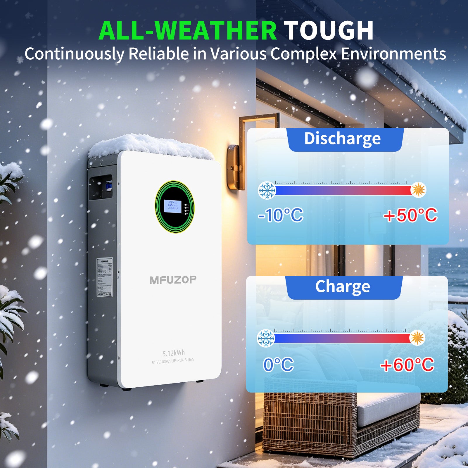 MFUZOP 51.2V 100Ah LiFePO4 Wall-Mounted Battery, 5.12kWh, 100A BMS, for Home Energy Storage