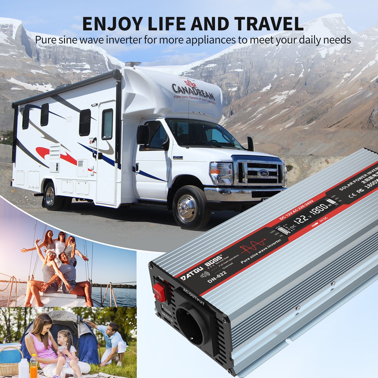 DATOUBOSS 1800W Pure Sine Wave Inverter, 12V to 230V AC Car Power Converter, Peak Power 3600W with EU Sockets, USB Ports and LED Display for Household Appliances, Car, Caravan, Truck