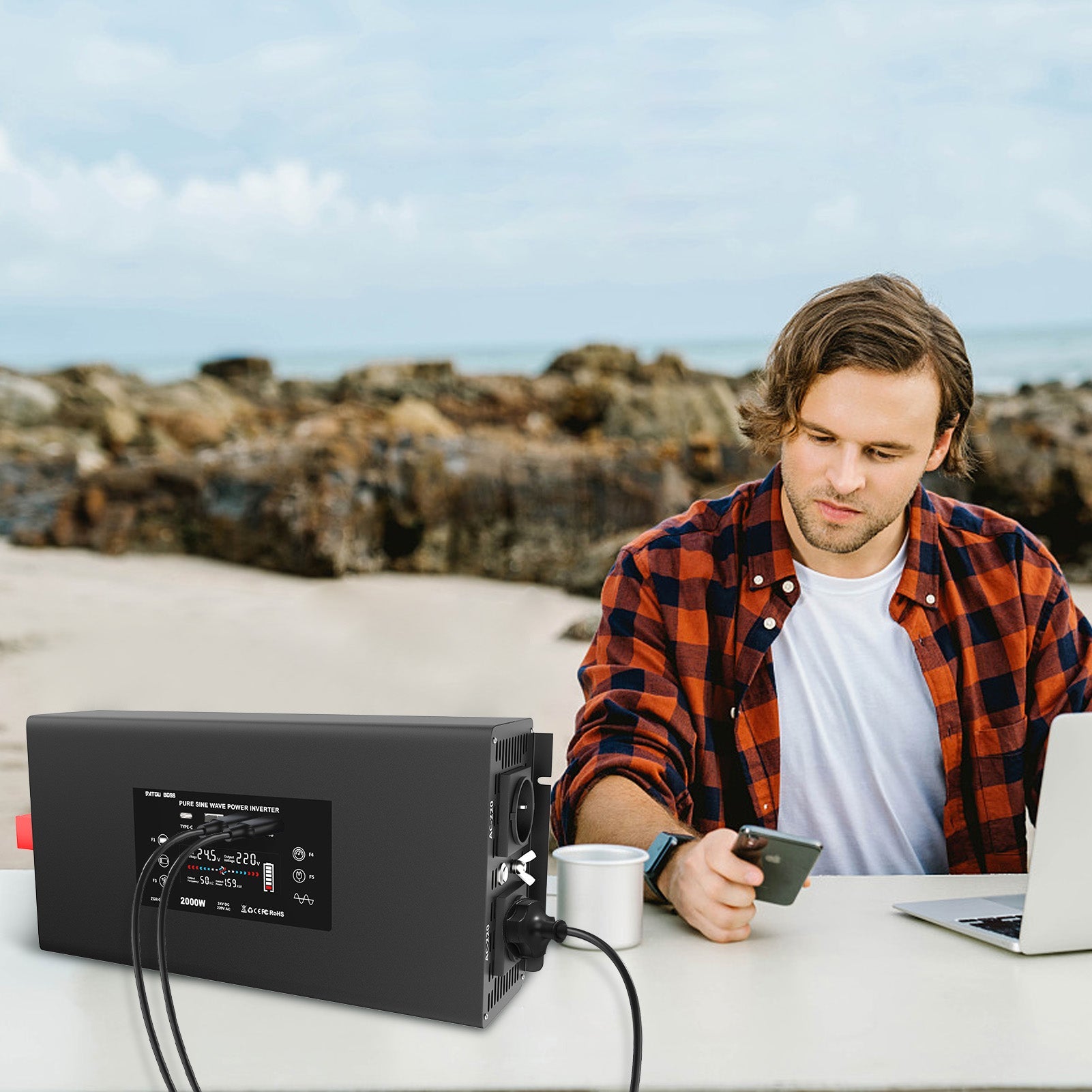 DATOUBOSS 2000W Pure Sine Wave Inverter, 24V to 230V AC Voltage Converter, Peak Power 4000W with Remote Control 2 EU Sockets, 3 USB, 1 Type-C Converter Voltage Converter for Car, Motorhome