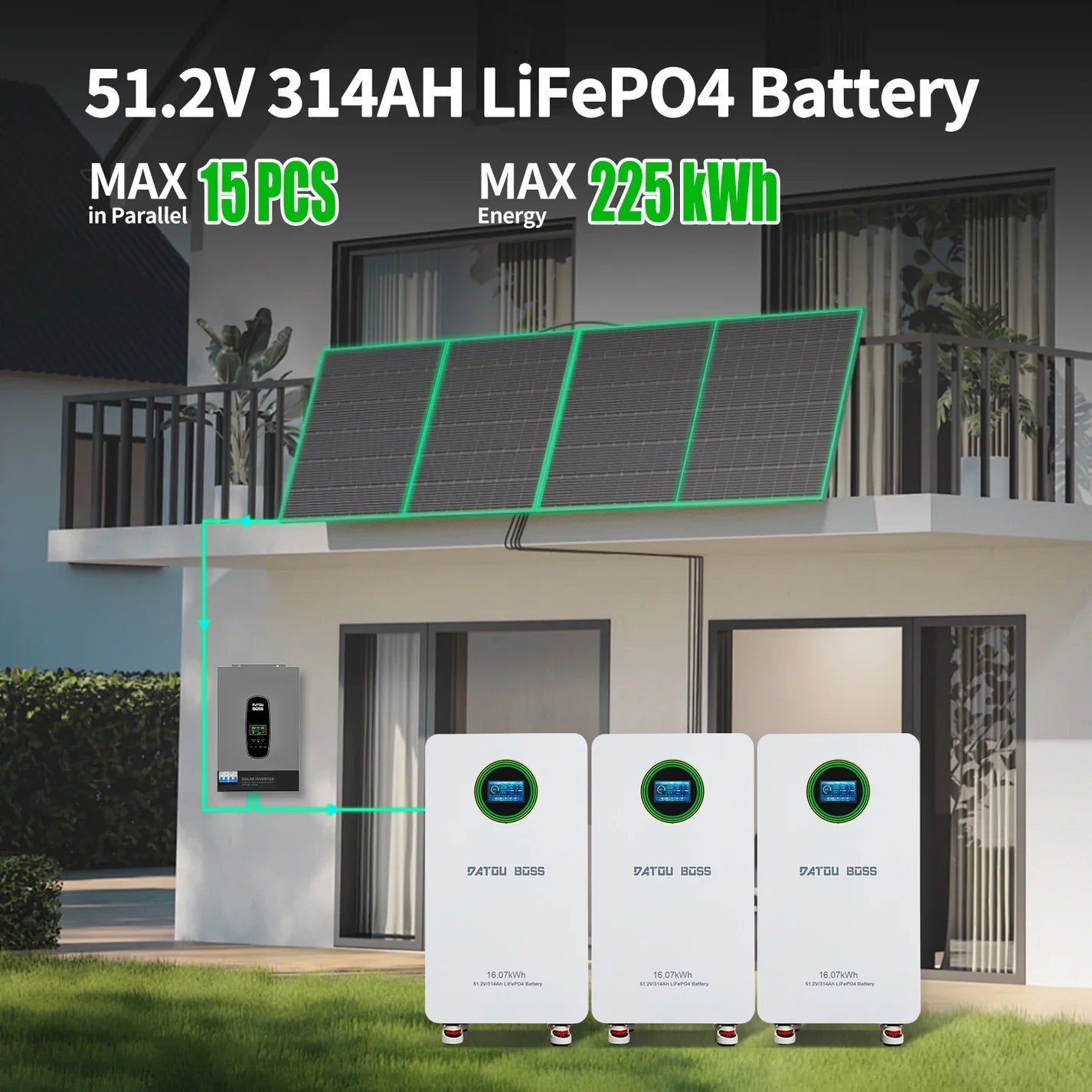 DATOUBOSS 48V 314Ah LiFePO4 Battery with 200A BMS + 48V 11KW Hybrid Inverter with 150A MPPT + WiFi Module for High-Capacity Solar Storage, RV, and Home Energy Systems