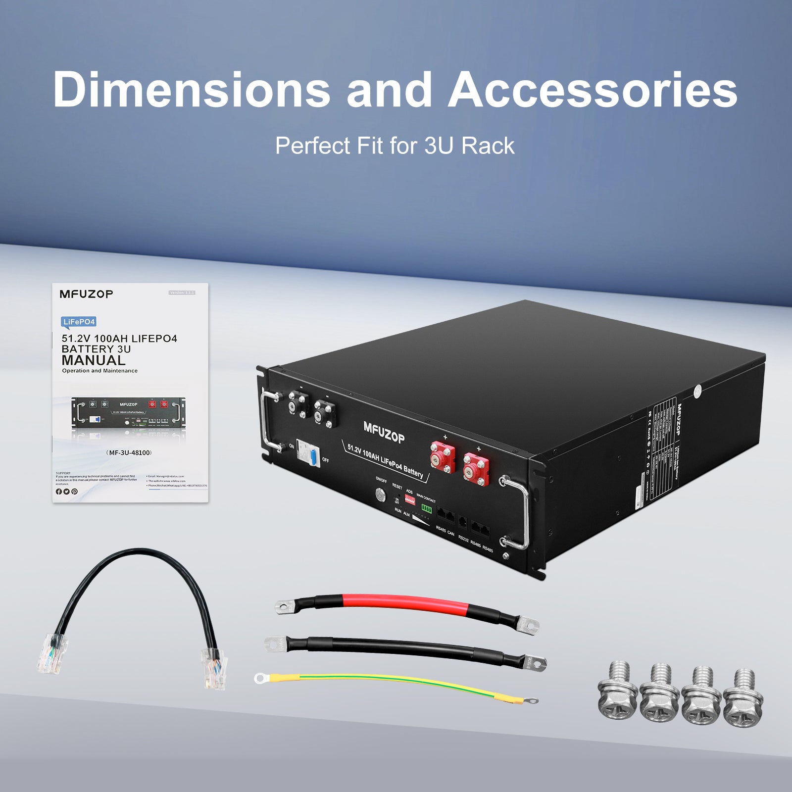 MFUZOP 48V 100Ah LiFePO4 Lithium Battery, 5.12kWh 3U Rack Mount Server Battery, Bluetooth & App Monitoring, Built-in 100A BMS, 15,000+ Deep Cycles, Supports RS232/RS485/CAN, for Home Off Grid RV Backup Power