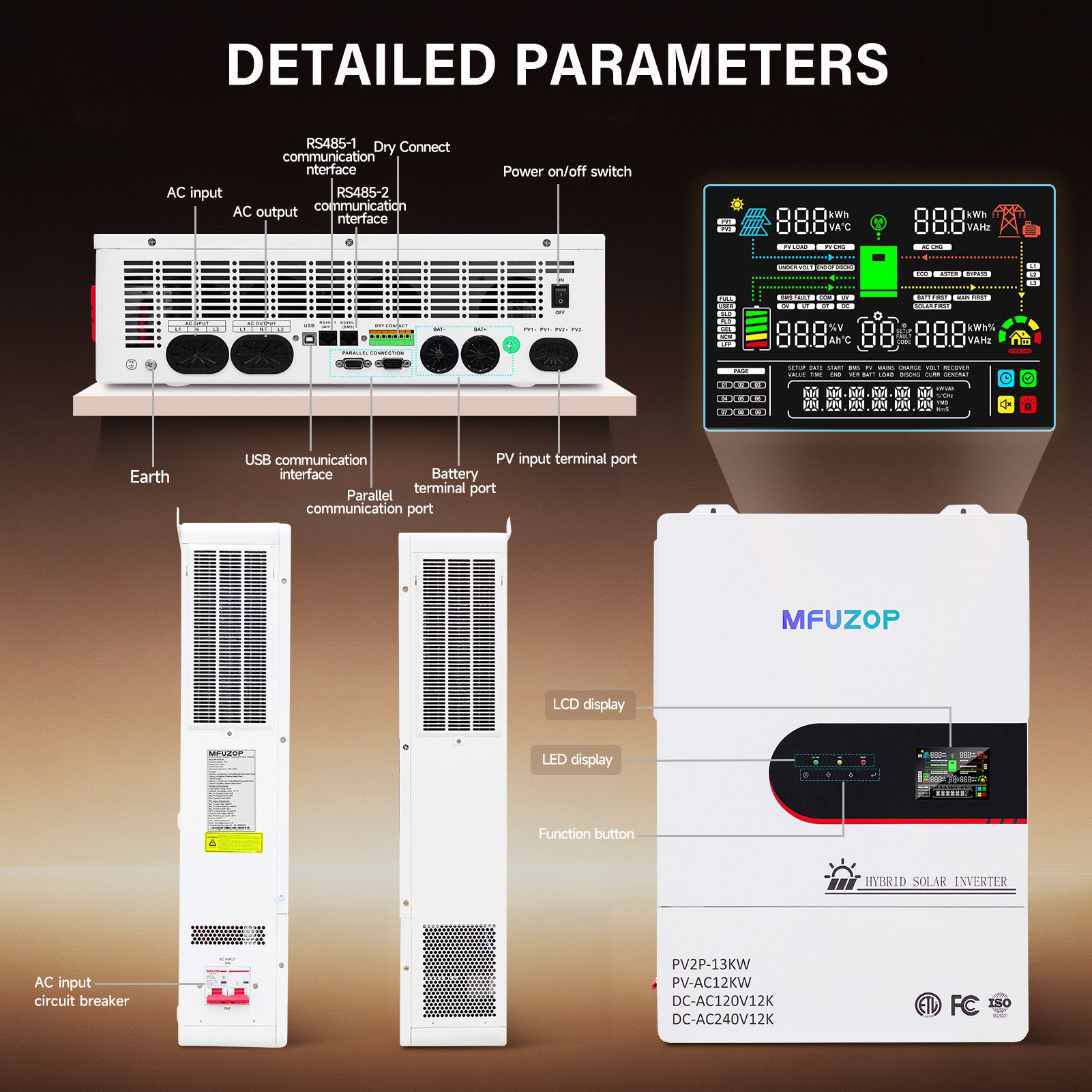 MFUZOP 12KW 48V Hybrid Inverter,Single Phase 120V & Split Phase 240V Output, for Solar Systems(Compatible with WiFi 06)