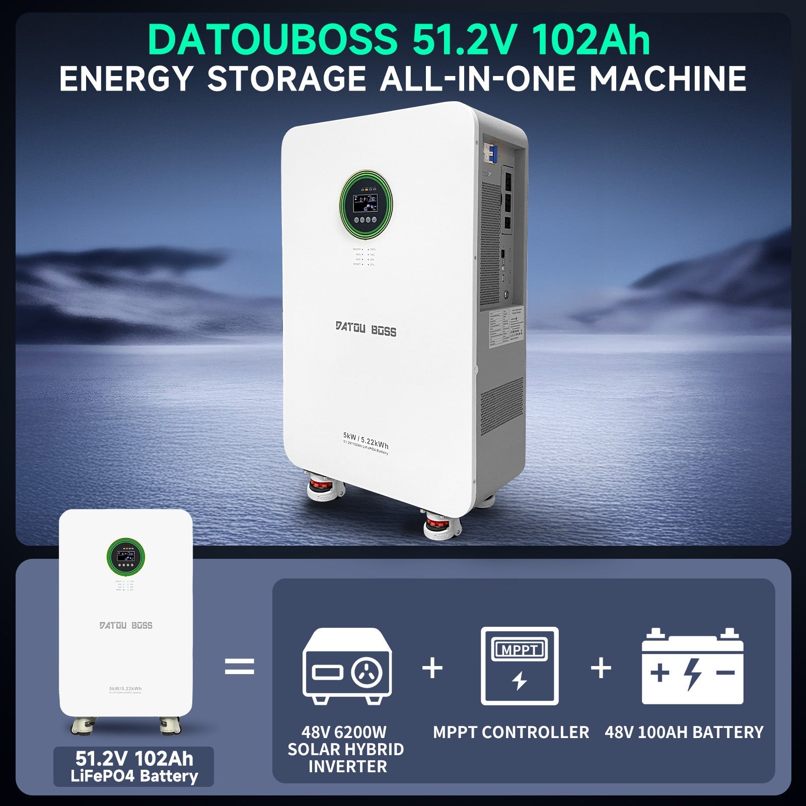 DATOUBOSS 48V 5000W Hybrid Inverter + 102Ah LiFePO4 Battery Portable Power Supply with LCD Touch Screen, Detachable, and Wheels, suitable for large-capacity solar energy storage systems/RVs/home energy storage systems