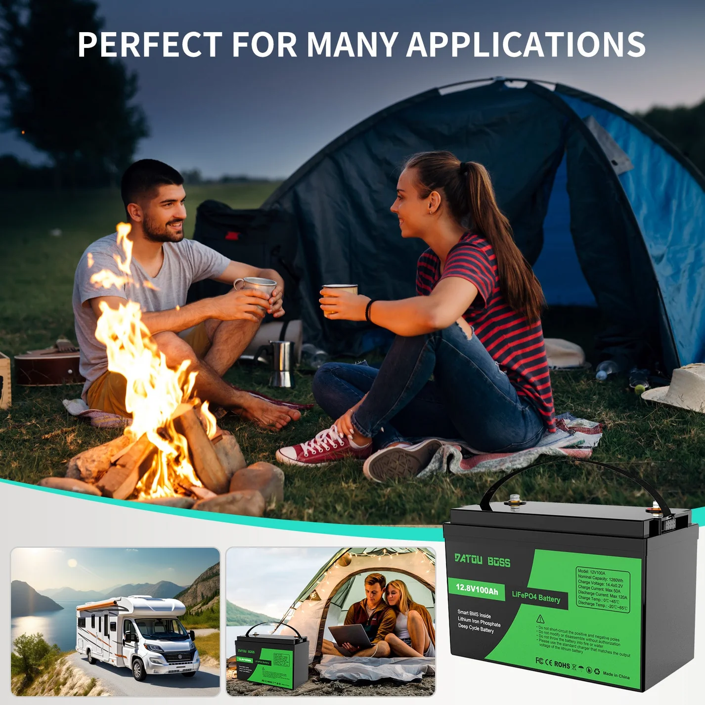 DATOUBOSS 12V 100Ah LiFePO4 Battery with 100A BMS and 1200W Pure Sine Wave Inverter 12V to 230V, 2500W Peak Power, USB, LED Display, EU Socket for RV, Home Backup and Outdoor Camping