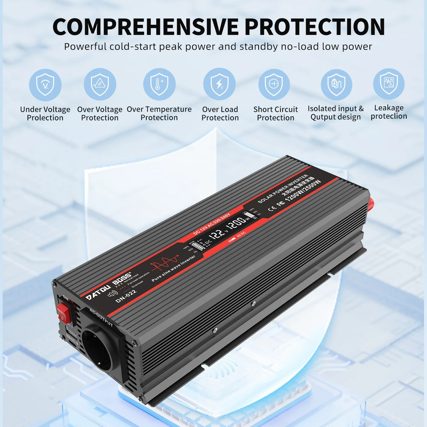 DATOUBOSS 12V 100Ah LiFePO4 Battery with 100A BMS and 1200W Pure Sine Wave Inverter 12V to 230V, 2500W Peak Power, USB, LED Display, EU Socket for RV, Home Backup and Outdoor Camping