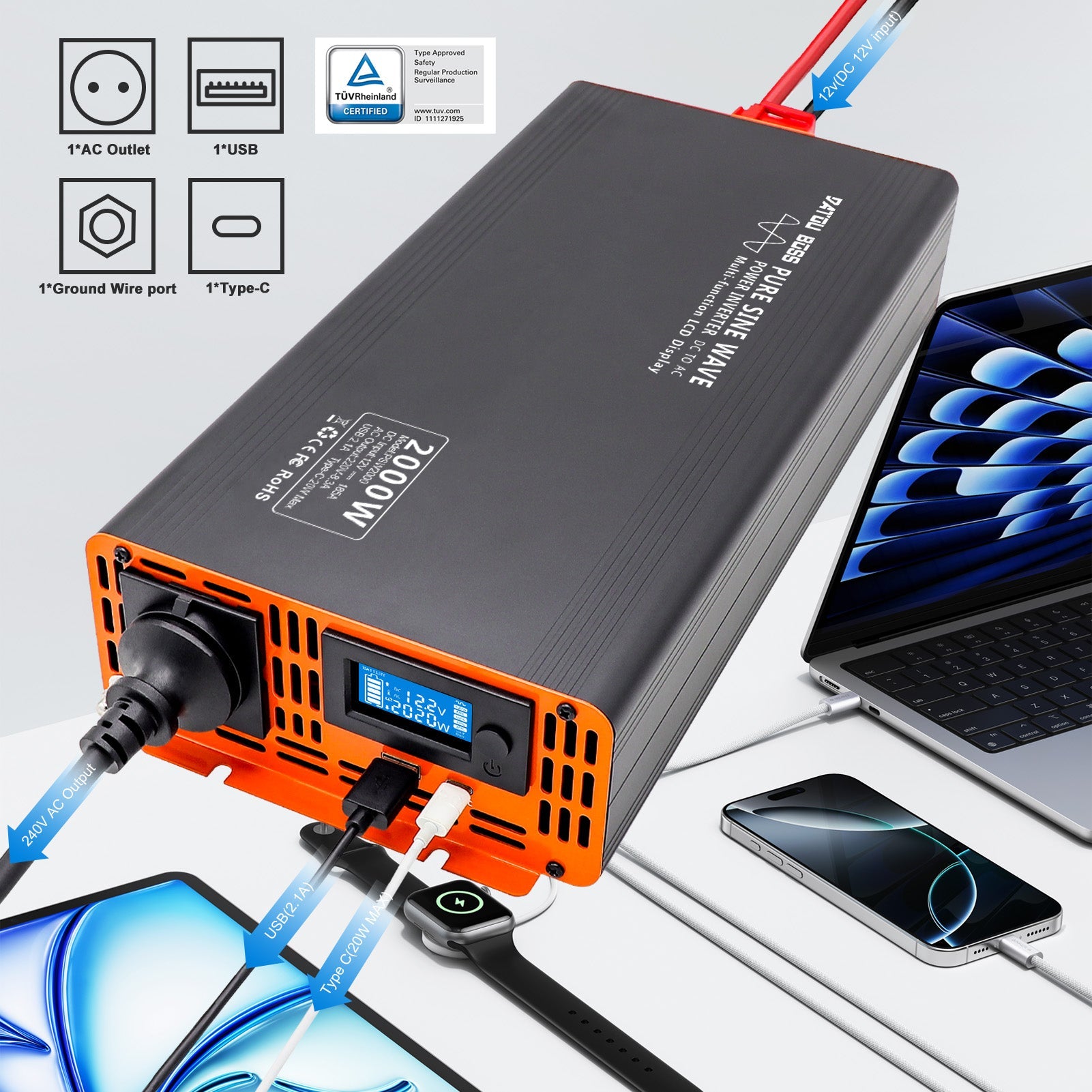 DATOUBOSS 2000W Pure Sine Wave Inverter, 12V to 230V AC Voltage Converter, Peak Power 4000W with 1 EU Socket, LCD Screen, 1 Type-C and 1 USB Ports for Household Appliances, Motorhome Car, Truck Secondary image